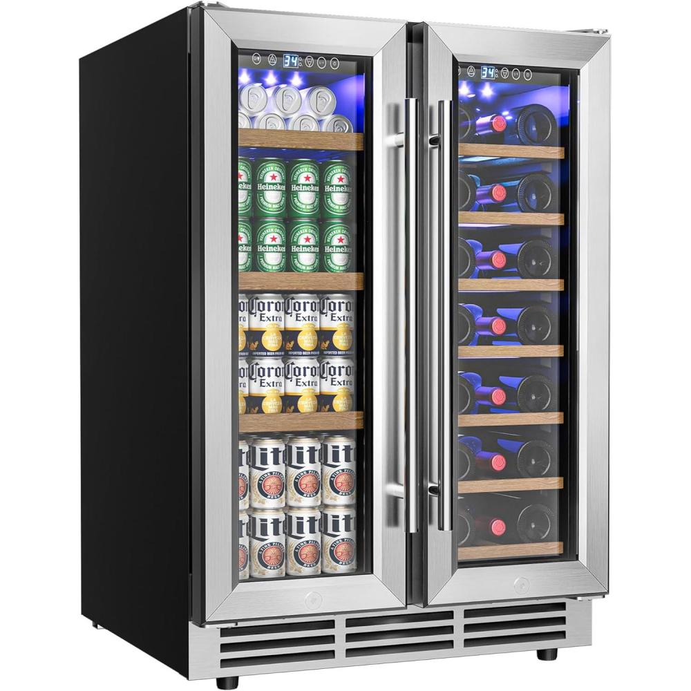 imageEUHOMY Wine and Beverage Refrigerator 24 Inch Dual Zone Wine Cooler with Glass Door Hold 21 Bottles and 88 Cans Built in or Under Counter Wine Fridge with Blue LED Light