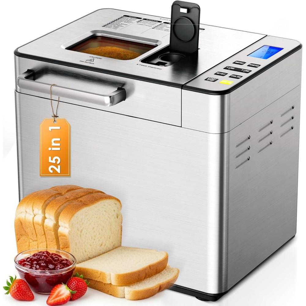 imageEUHOMY Bread Maker Machine 13in1 Bread Machine Dough Maker Auto Nut Dispenser ampamp Ceramic Pan 2LB and 3 Loaf Sizes ampamp 3 Crust Colors 650W Bread Machine with Keep Warm Set Whole WheatBread Maker 25 Programs