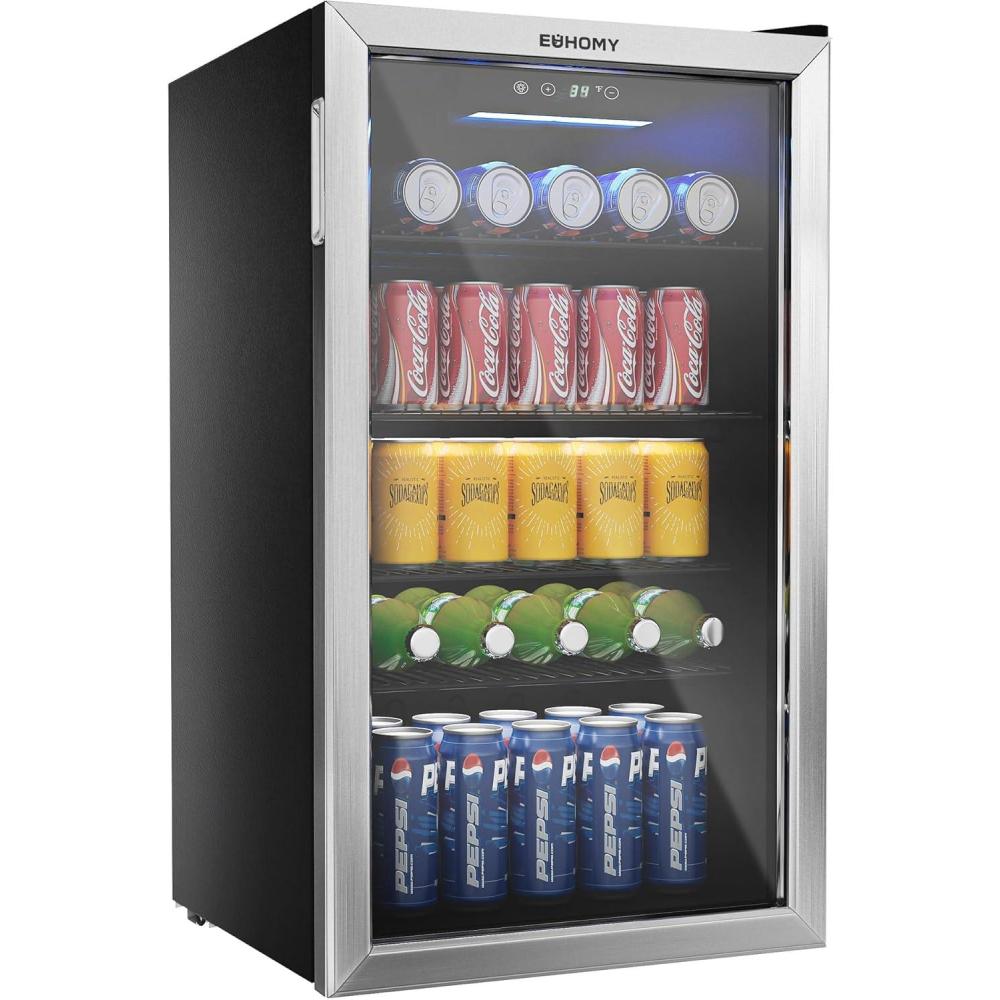 imageEUHOMY 48 Can Beverage Refrigerator coolerMini Fridge Glass Door for Beer Drinks Wines Countertop Beverage Fridge with Adjustable Shelves Blue LED for HomeOfficeDormBar 13 cuft32 CUFT