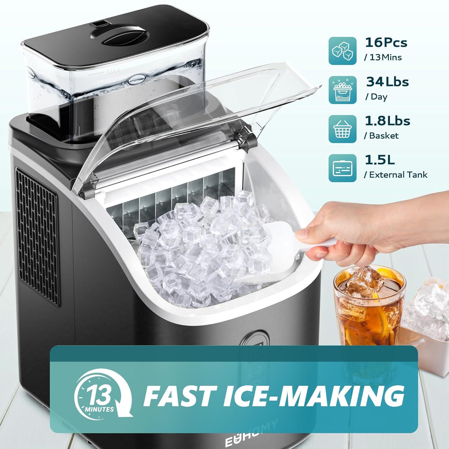 imageEUHOMY Ice Cube Maker Machine Countertop with External Water Tank 34Lbs 16Pcs Ready in 13 Mins 2 Ways to Add Water AutoCleaning with Ice Scoop ampamp Basket for HomeKitchenOfficeBar BlackBlack