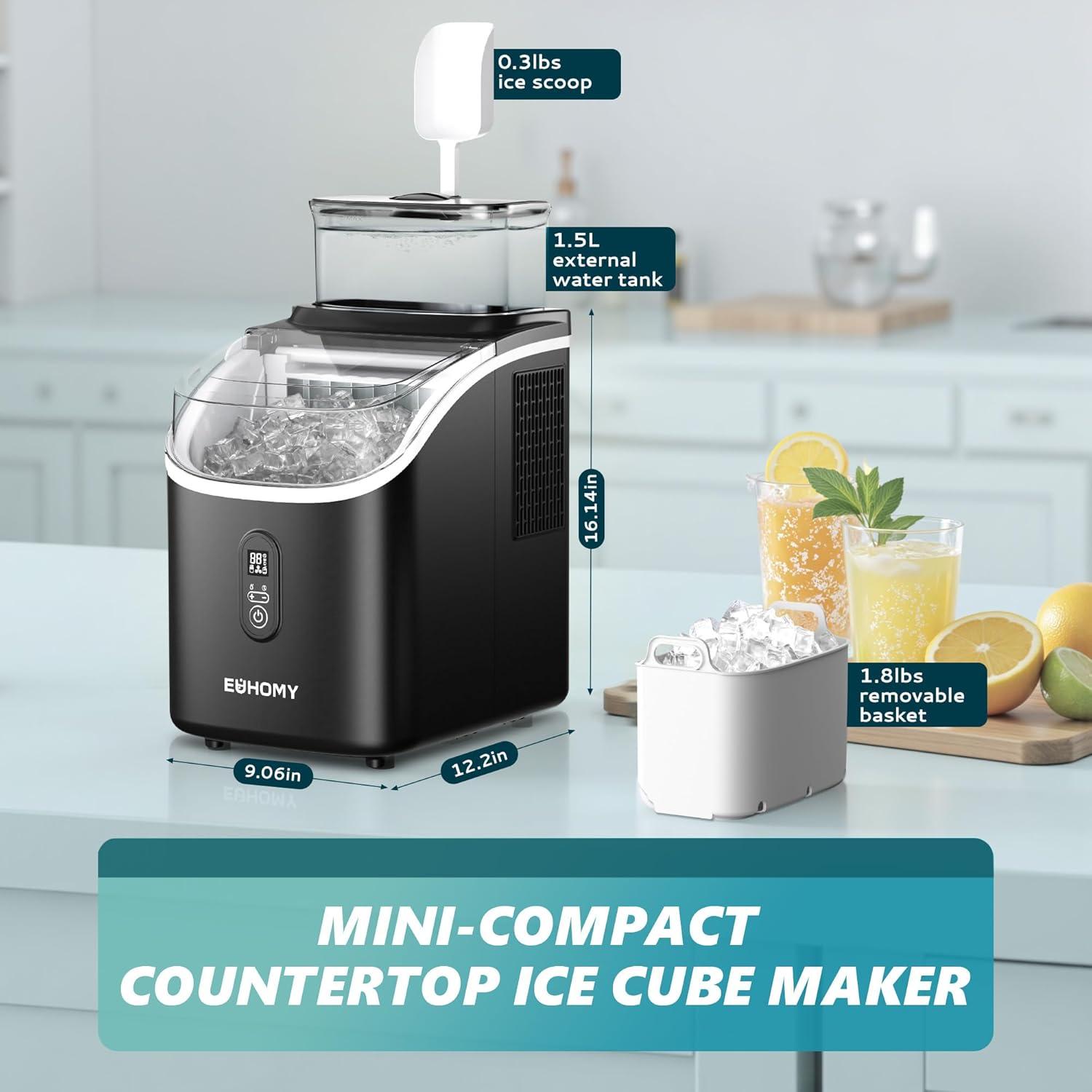 imageEUHOMY Ice Cube Maker Machine Countertop with External Water Tank 34Lbs 16Pcs Ready in 13 Mins 2 Ways to Add Water AutoCleaning with Ice Scoop ampamp Basket for HomeKitchenOfficeBar BlackBlack