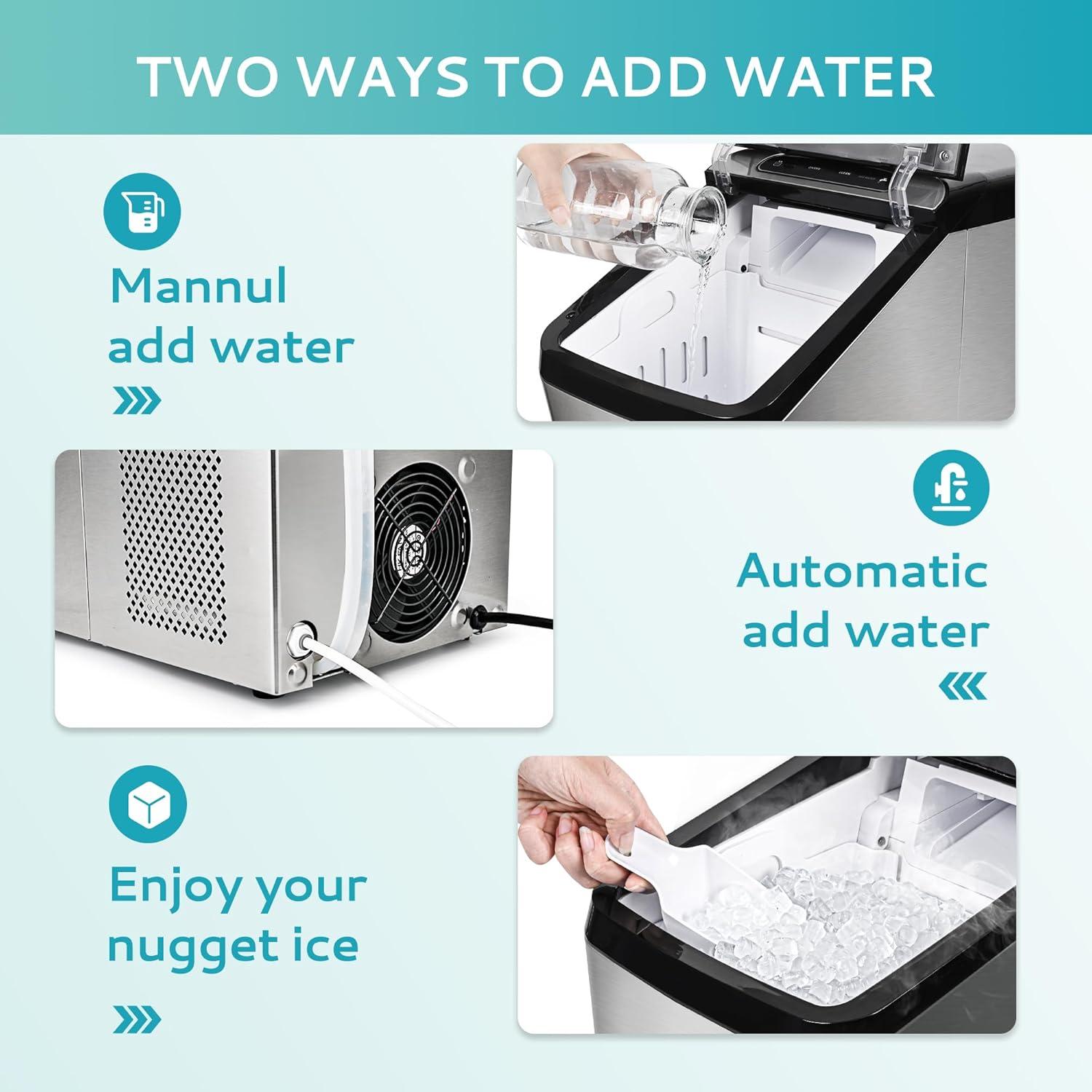 imageEUHOMY Nugget Ice Maker Countertop Max 34lbsDay 2 Way Water Refill SelfCleaning Pebble Ice Maker Machine with 3Qt Reservoir Ideal for Home Office Bar and Party SilverStainless Steel Sliver