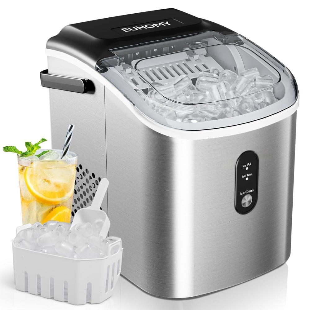 imageEUHOMY Countertop Ice Maker Machine with Handle 263lbs Per Day 9 Cubes in 6 Mins AutoCleaning Portable Ice Maker with Basket and Scoop for HomeKitchenCampingRV SilverSteel Grey Silver