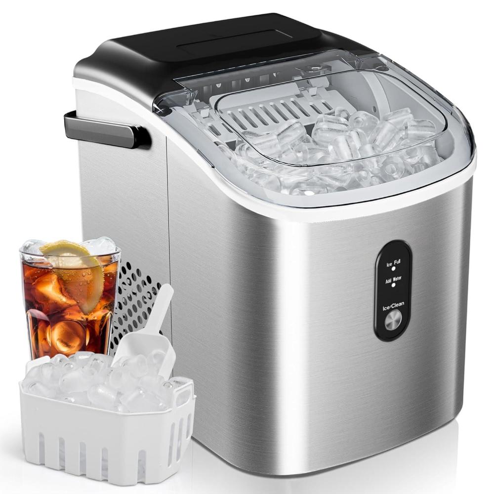 imageEUHOMY Countertop Ice Maker Machine with Handle 263lbs Per Day 9 Cubes in 6 Mins AutoCleaning Portable Ice Maker with Basket and Scoop for HomeKitchenCampingRV SilverStainless Steel Silver