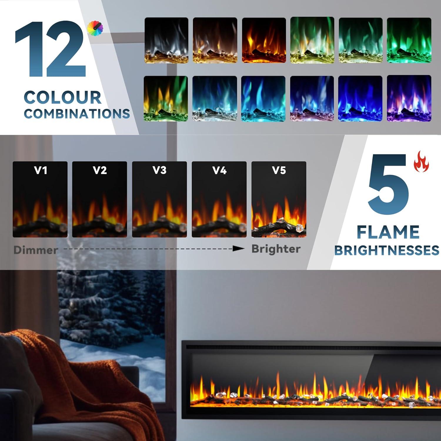 imageEUHOMY 50 Inch Electric Fireplace Wall Recessed and Wall Mounted with Adjustable Flame Color Fireplace Heater with Remote Control Linear Fireplace with Timer Touch Screen Log ampamp Crystal 7501500WUltrathin 72 Inch