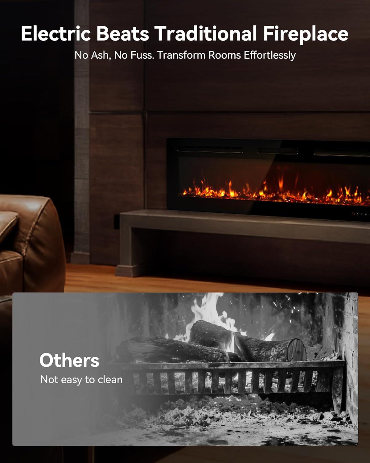 imageEUHOMY 50 Inch Electric Fireplace Wall Recessed and Wall Mounted with Adjustable Flame Color Fireplace Heater with Remote Control Linear Fireplace with Timer Touch Screen Log ampamp Crystal 7501500WUpgrade 60Inch