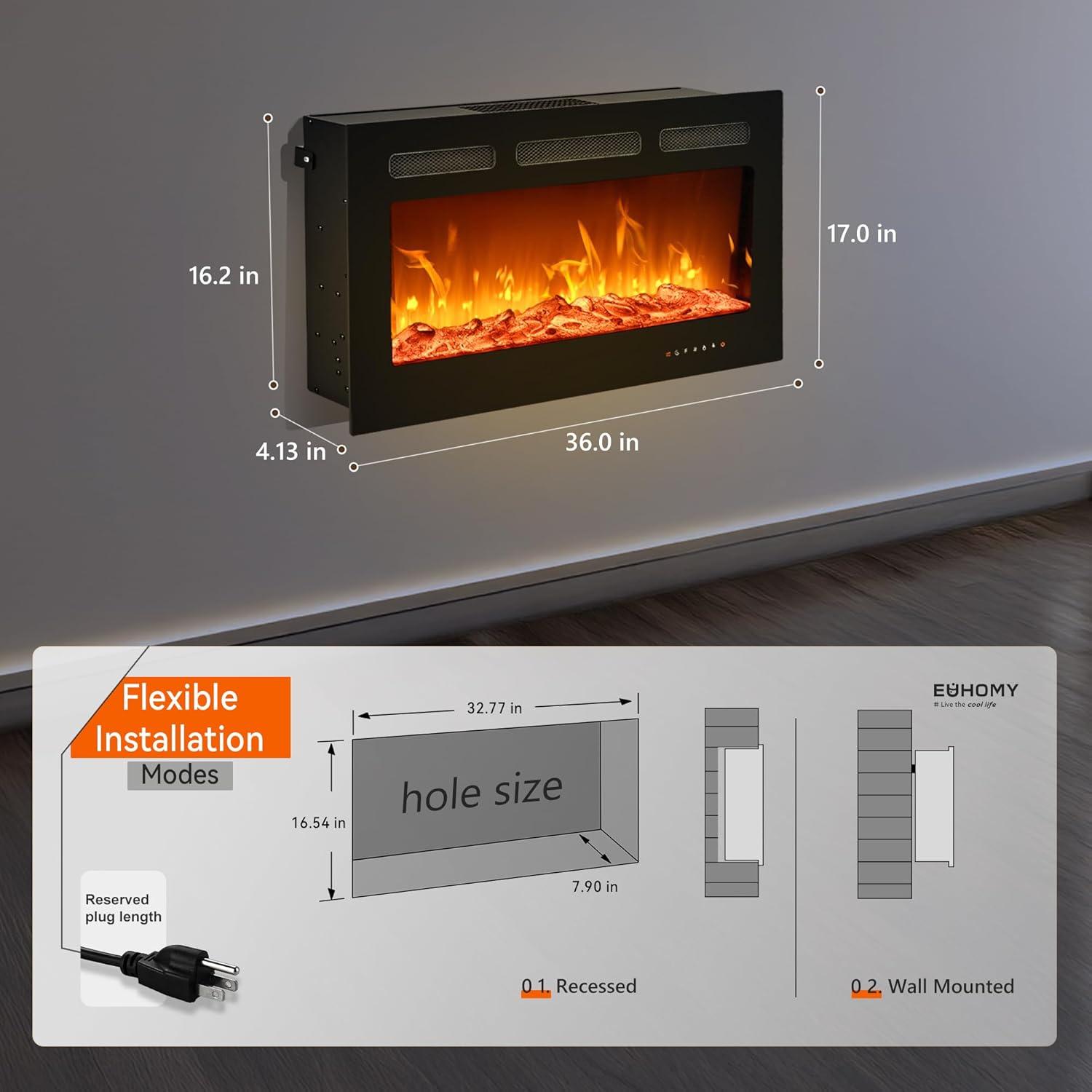 imageEUHOMY 50 Inch Electric Fireplace Wall Recessed and Wall Mounted with Adjustable Flame Color Fireplace Heater with Remote Control Linear Fireplace with Timer Touch Screen Log ampamp Crystal 7501500W36Inch