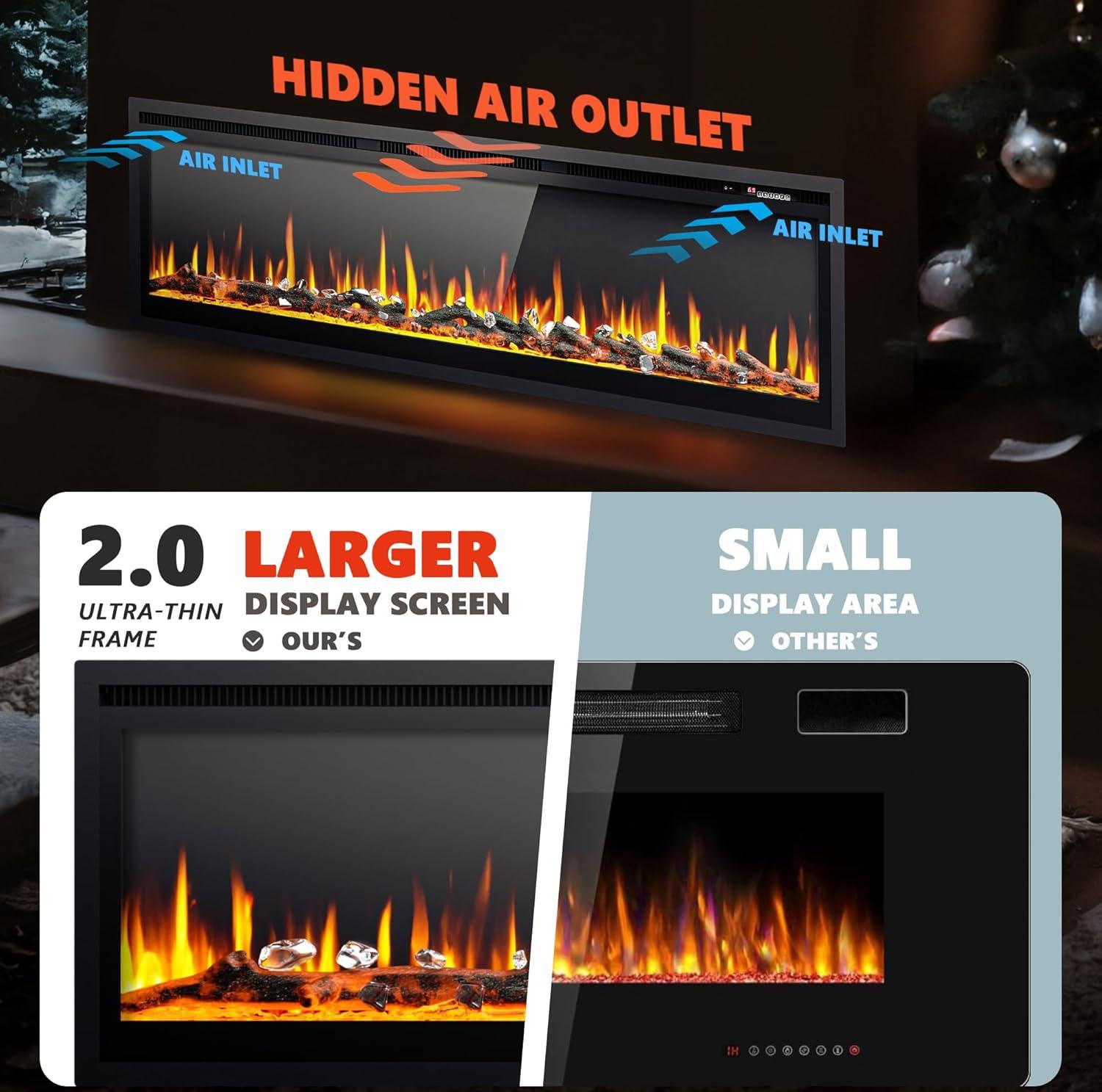 imageEUHOMY 50 Inch Electric Fireplace Wall Recessed and Wall Mounted with Adjustable Flame Color Fireplace Heater with Remote Control Linear Fireplace with Timer Touch Screen Log ampamp Crystal 7501500WUltrathin 60 Inch