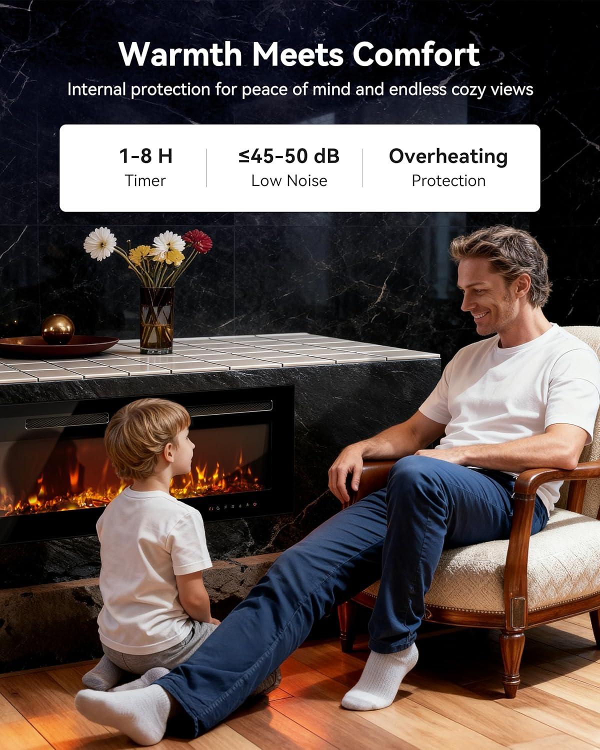 imageEUHOMY 50 Inch Electric Fireplace Wall Recessed and Wall Mounted with Adjustable Flame Color Fireplace Heater with Remote Control Linear Fireplace with Timer Touch Screen Log ampamp Crystal 7501500WUpgrade 60Inch