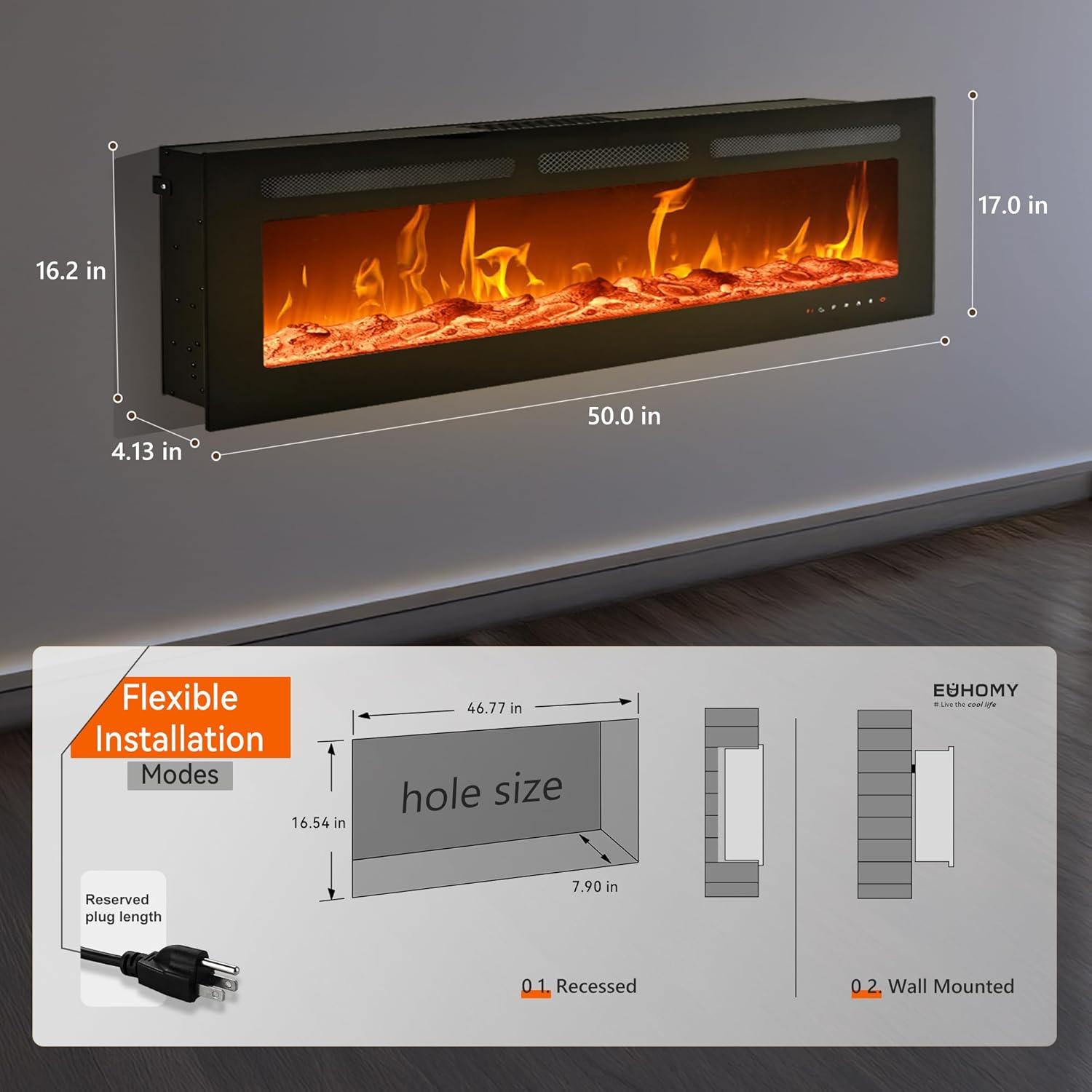 imageEUHOMY 50 Inch Electric Fireplace Wall Recessed and Wall Mounted with Adjustable Flame Color Fireplace Heater with Remote Control Linear Fireplace with Timer Touch Screen Log ampamp Crystal 7501500W50Inch