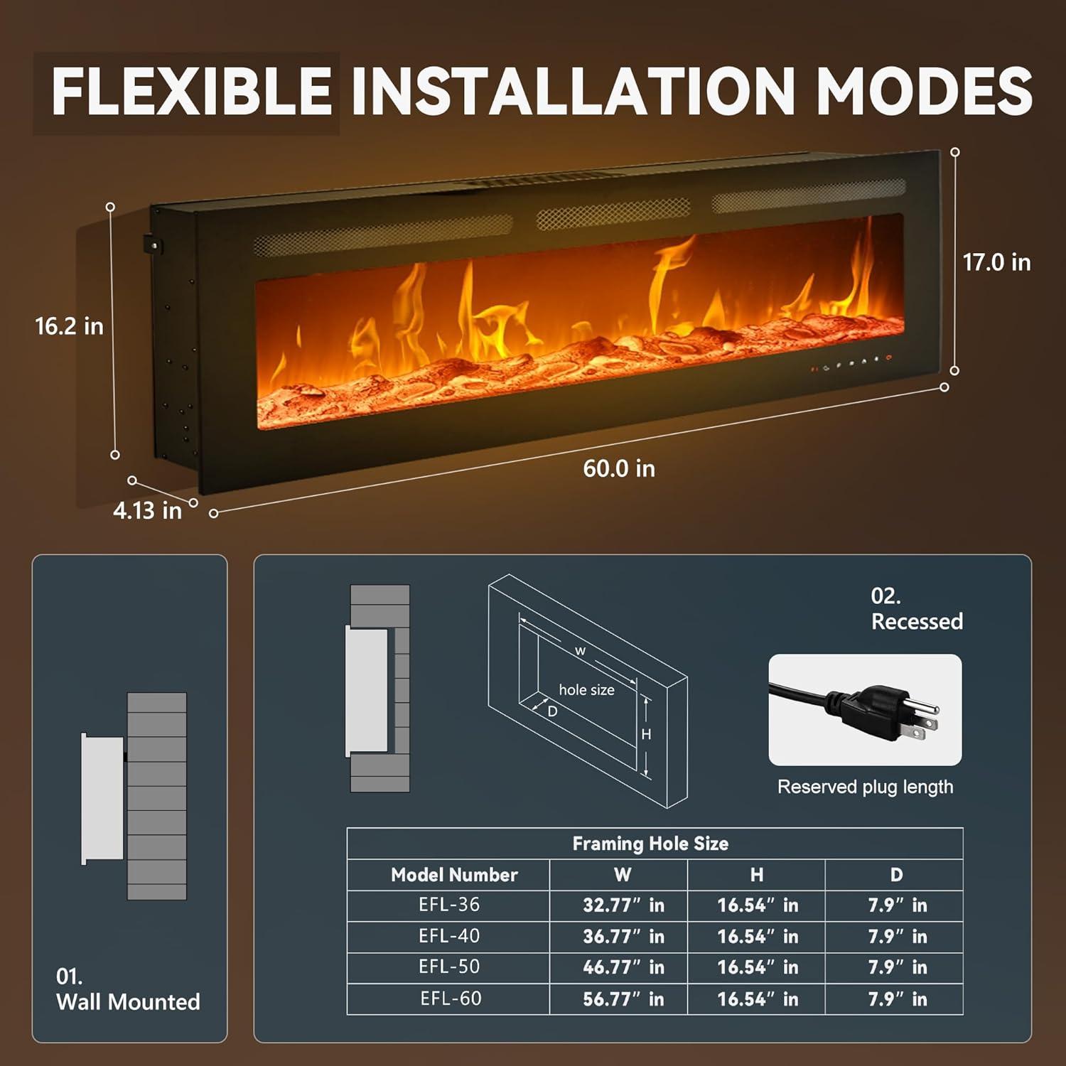 imageEUHOMY 50 Inch Electric Fireplace Wall Recessed and Wall Mounted with Adjustable Flame Color Fireplace Heater with Remote Control Linear Fireplace with Timer Touch Screen Log ampamp Crystal 7501500WUpgrade 60Inch