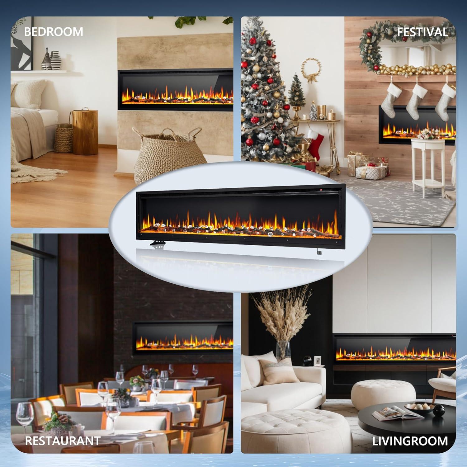 imageEUHOMY 50 Inch Electric Fireplace Wall Recessed and Wall Mounted with Adjustable Flame Color Fireplace Heater with Remote Control Linear Fireplace with Timer Touch Screen Log ampamp Crystal 7501500WUltrathin 72 Inch