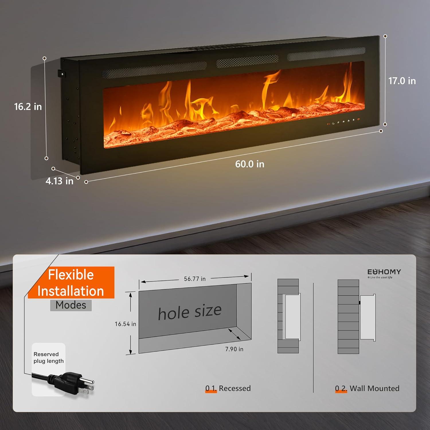 imageEUHOMY 50 Inch Electric Fireplace Wall Recessed and Wall Mounted with Adjustable Flame Color Fireplace Heater with Remote Control Linear Fireplace with Timer Touch Screen Log ampamp Crystal 7501500W60Inch