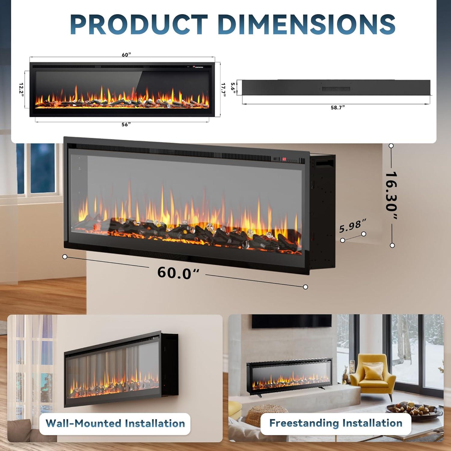 imageEUHOMY 50 Inch Electric Fireplace Wall Recessed and Wall Mounted with Adjustable Flame Color Fireplace Heater with Remote Control Linear Fireplace with Timer Touch Screen Log ampamp Crystal 7501500WUltrathin 60 Inch