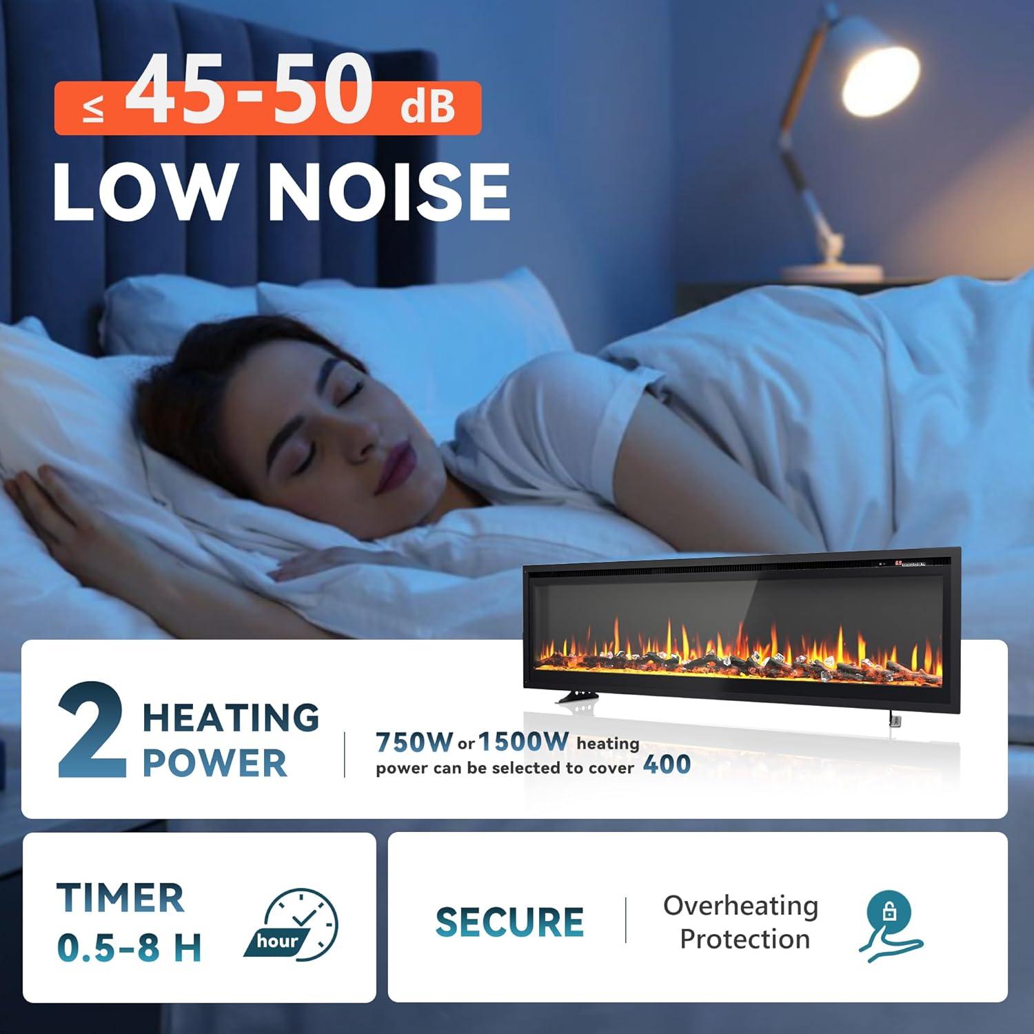 imageEUHOMY 50 Inch Electric Fireplace Wall Recessed and Wall Mounted with Adjustable Flame Color Fireplace Heater with Remote Control Linear Fireplace with Timer Touch Screen Log ampamp Crystal 7501500WUltrathin 60 Inch