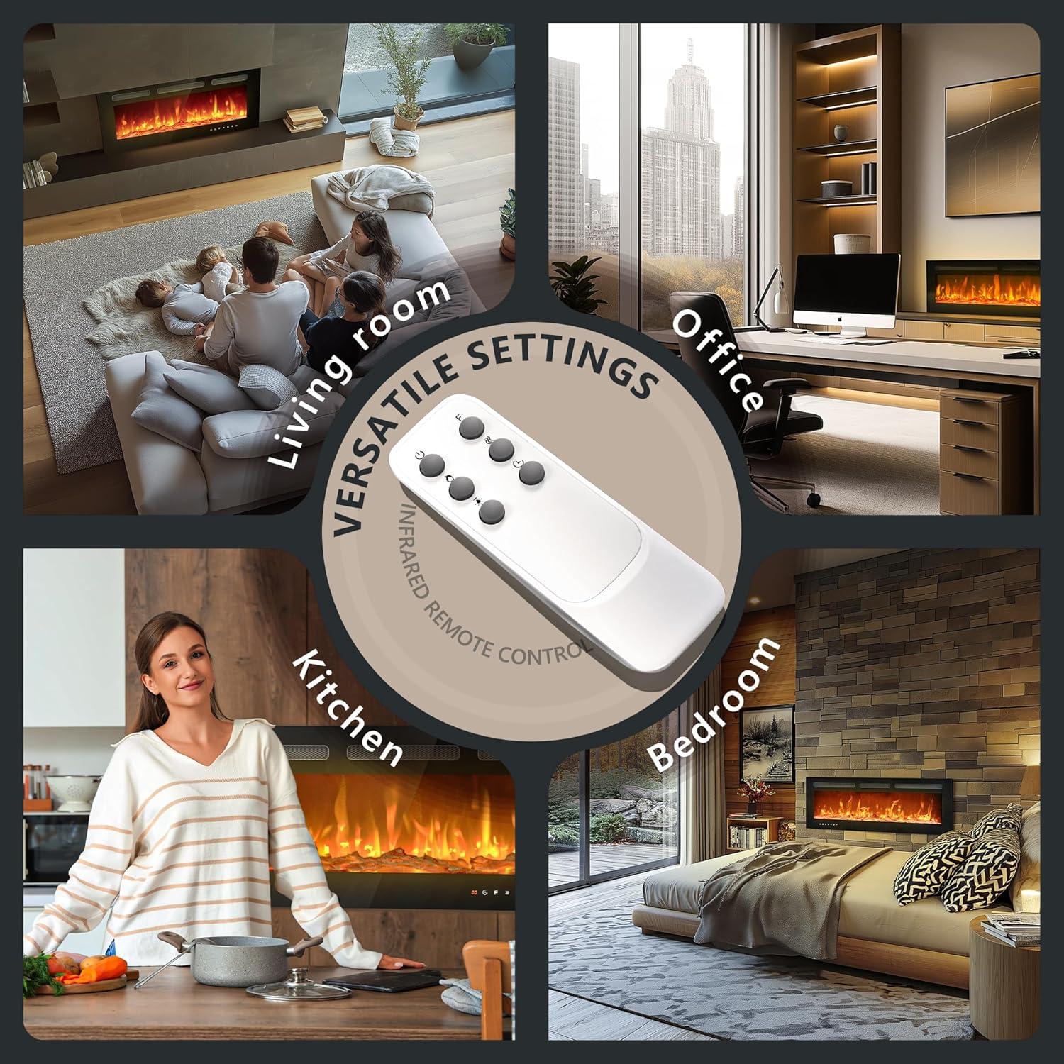 imageEUHOMY 50 Inch Electric Fireplace Wall Recessed and Wall Mounted with Adjustable Flame Color Fireplace Heater with Remote Control Linear Fireplace with Timer Touch Screen Log ampamp Crystal 7501500W60Inch