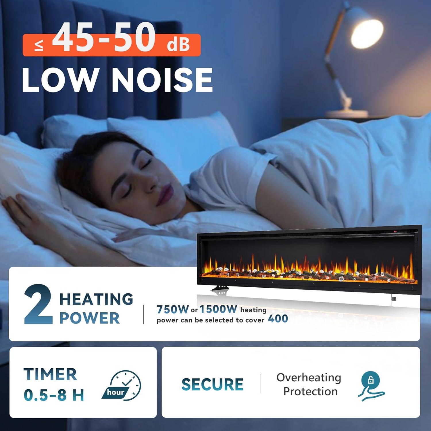 imageEUHOMY 50 Inch Electric Fireplace Wall Recessed and Wall Mounted with Adjustable Flame Color Fireplace Heater with Remote Control Linear Fireplace with Timer Touch Screen Log ampamp Crystal 7501500WUltrathin 72 Inch