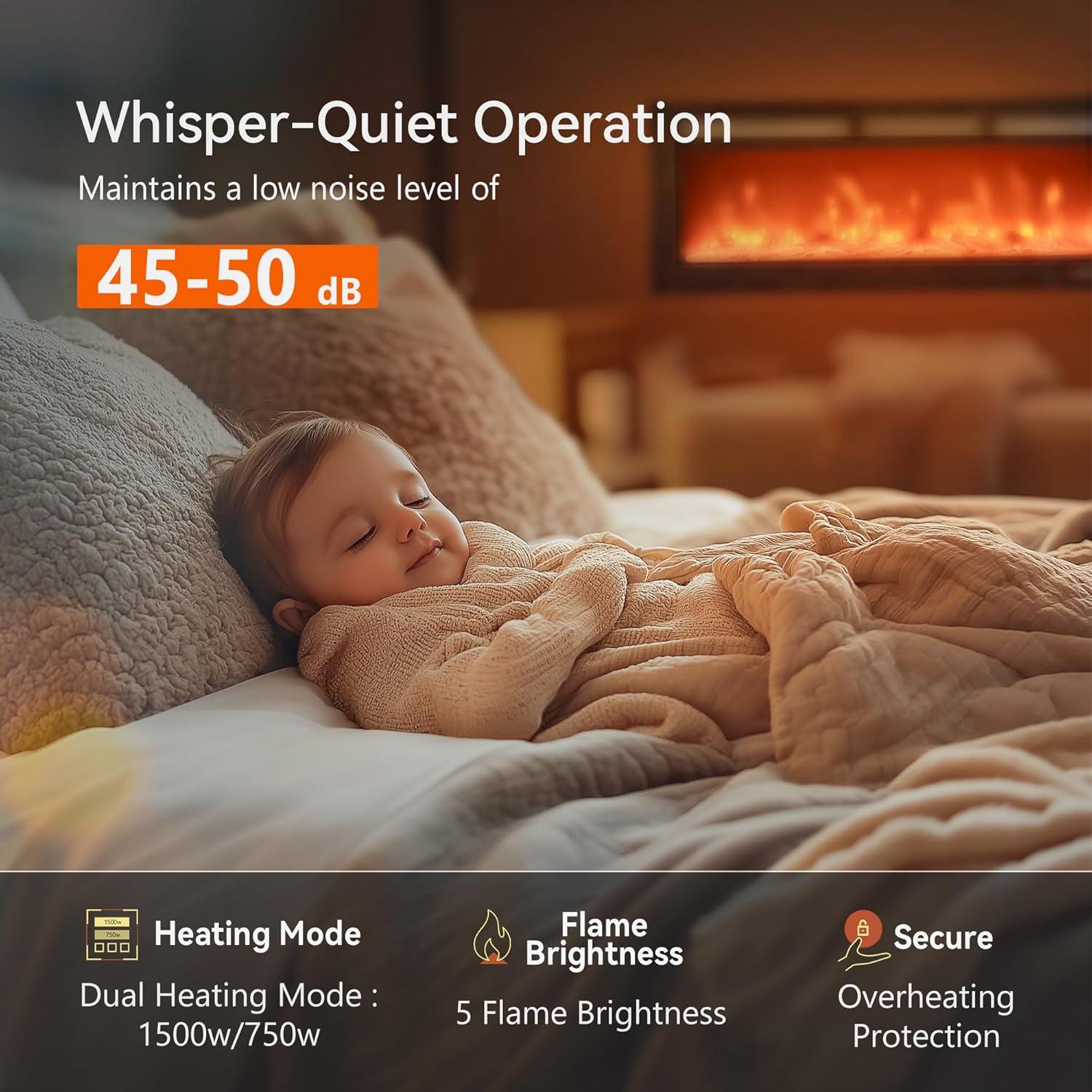 imageEUHOMY 50 Inch Electric Fireplace Wall Recessed and Wall Mounted with Adjustable Flame Color Fireplace Heater with Remote Control Linear Fireplace with Timer Touch Screen Log ampamp Crystal 7501500W50Inch