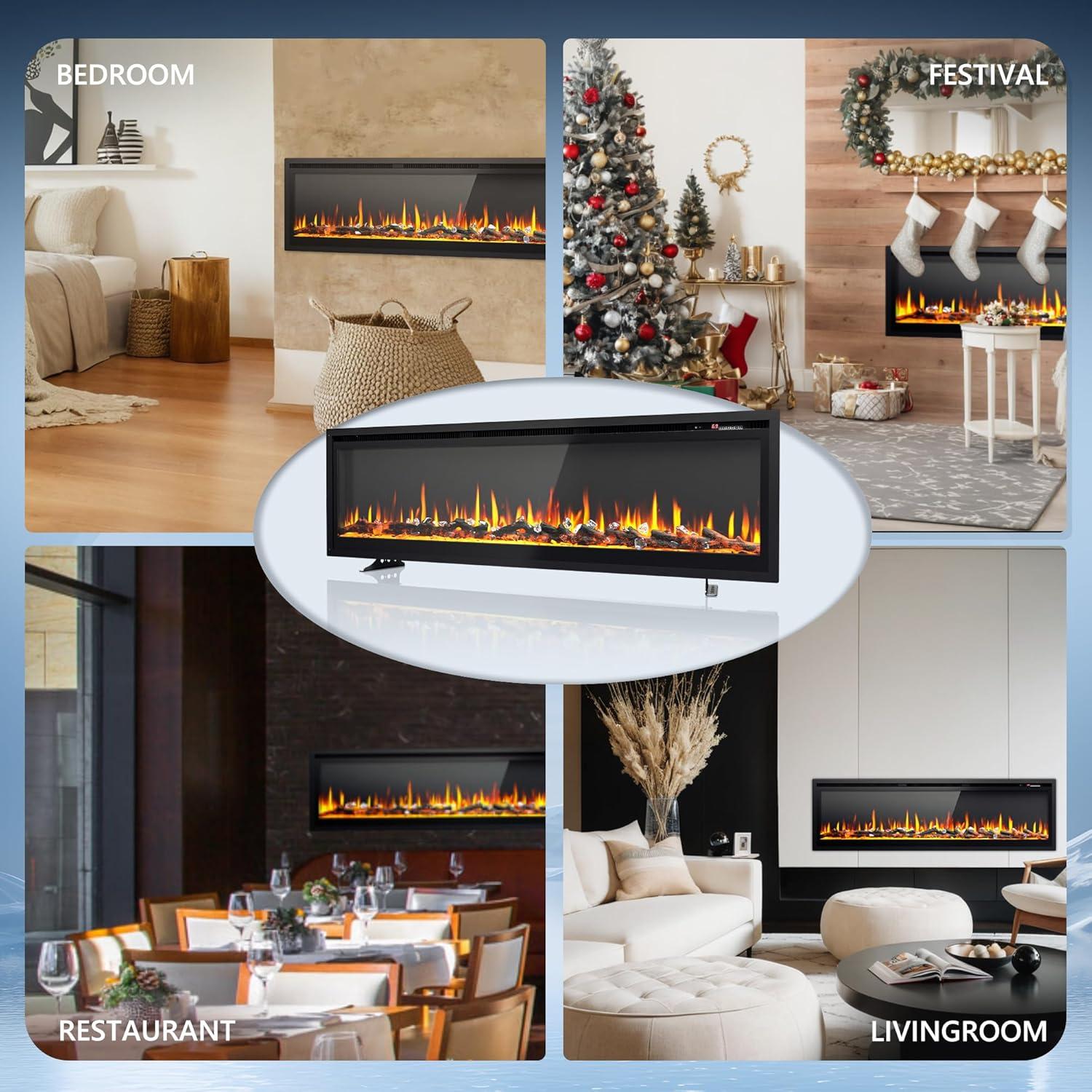 imageEUHOMY 50 Inch Electric Fireplace Wall Recessed and Wall Mounted with Adjustable Flame Color Fireplace Heater with Remote Control Linear Fireplace with Timer Touch Screen Log ampamp Crystal 7501500WUltrathin 60 Inch