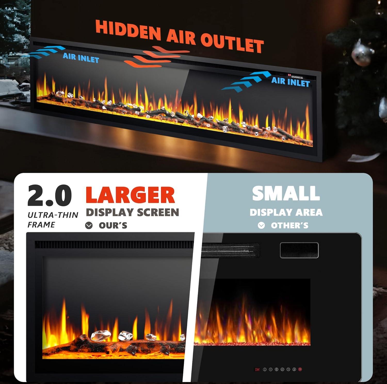 imageEUHOMY 50 Inch Electric Fireplace Wall Recessed and Wall Mounted with Adjustable Flame Color Fireplace Heater with Remote Control Linear Fireplace with Timer Touch Screen Log ampamp Crystal 7501500WUltrathin 72 Inch