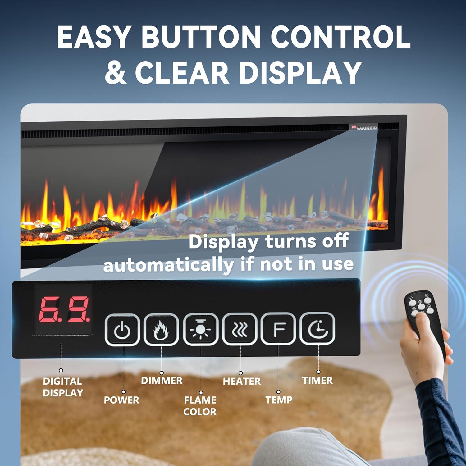 imageEUHOMY 50 Inch Electric Fireplace Wall Recessed and Wall Mounted with Adjustable Flame Color Fireplace Heater with Remote Control Linear Fireplace with Timer Touch Screen Log ampamp Crystal 7501500WUltrathin 72 Inch