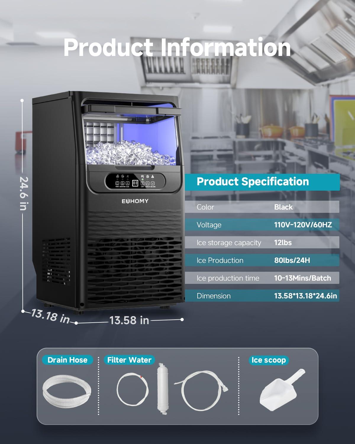 imageEUHOMY Commercial Ice Maker Machine80lbs24H36 Ice Cubes in 812 MinsUnder Counter Ice Maker with Water Filter12lbs Storage CapacityFreestanding Ice Machine for HomeBarCafeRestaurant80lbsCube