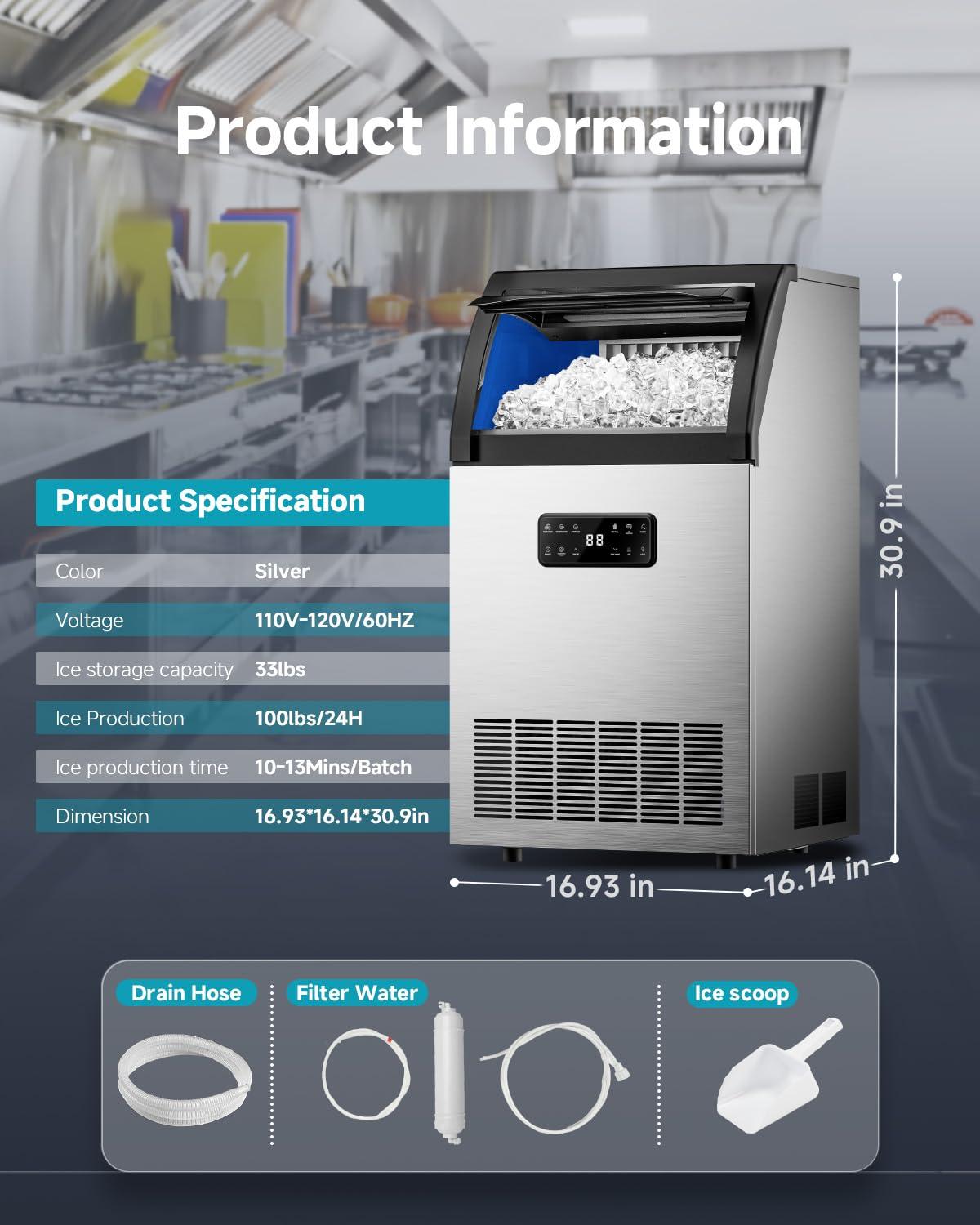 imageEUHOMY Commercial Ice Maker105lbs24HStainless Steel Under Counter Ice Machine with Water Filter33lbs Storage Capacity 45 Cubes in 812 Mins Freestanding Ice Machine for HomeBarCafeRestaurant105lbsday