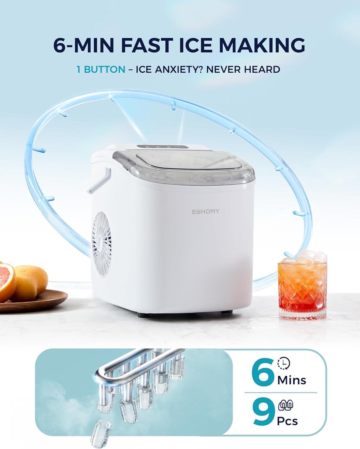 imageEUHOMY Countertop Ice Maker Machine with Handle 26lbs in 24Hrs 9 Ice Cubes Ready in 6 Mins AutoCleaning Portable Ice Maker with Basket and Scoop for HomeKitchenCampingRV PinkWhite