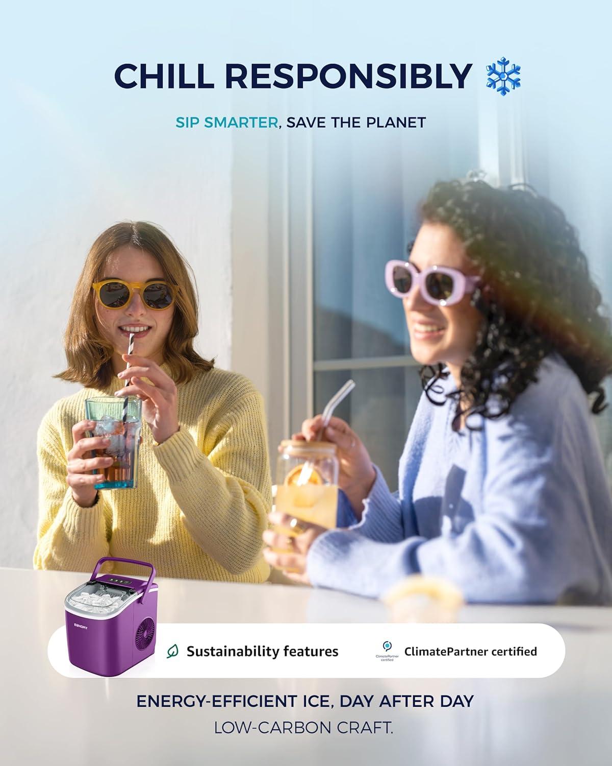 imageEUHOMY Countertop Ice Maker Machine with Handle 26lbs in 24Hrs 9 Ice Cubes Ready in 6 Mins AutoCleaning Portable Ice Maker with Basket and Scoop for HomeKitchenCampingRV PinkPurple