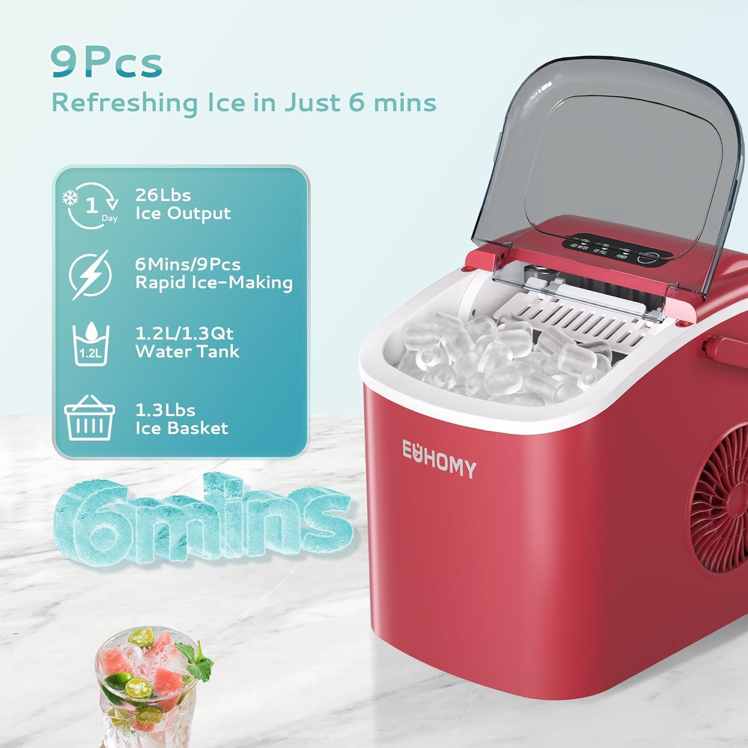 imageEUHOMY Countertop Ice Maker Machine with Handle 26lbs in 24Hrs 9 Ice Cubes Ready in 6 Mins AutoCleaning Portable Ice Maker with Basket and Scoop for HomeKitchenCampingRV PinkRed