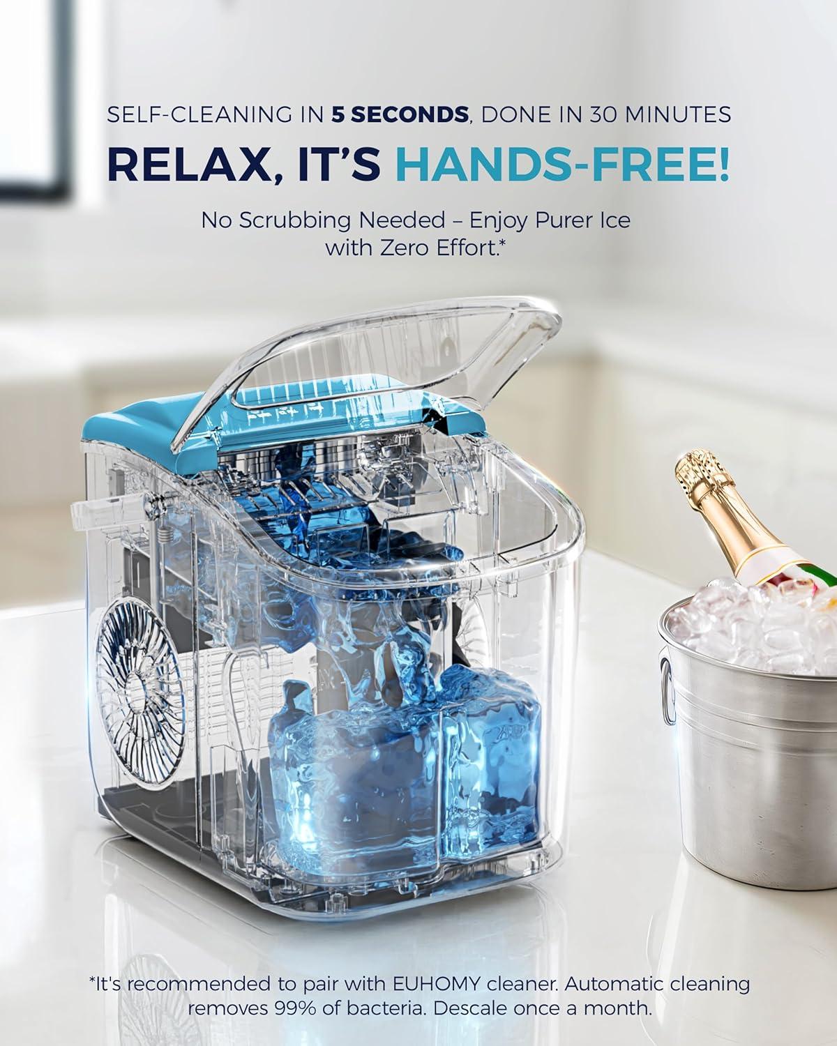 imageEUHOMY Countertop Ice Maker Machine with Handle 26lbs in 24Hrs 9 Ice Cubes Ready in 6 Mins AutoCleaning Portable Ice Maker with Basket and Scoop for HomeKitchenCampingRV PinkBlue