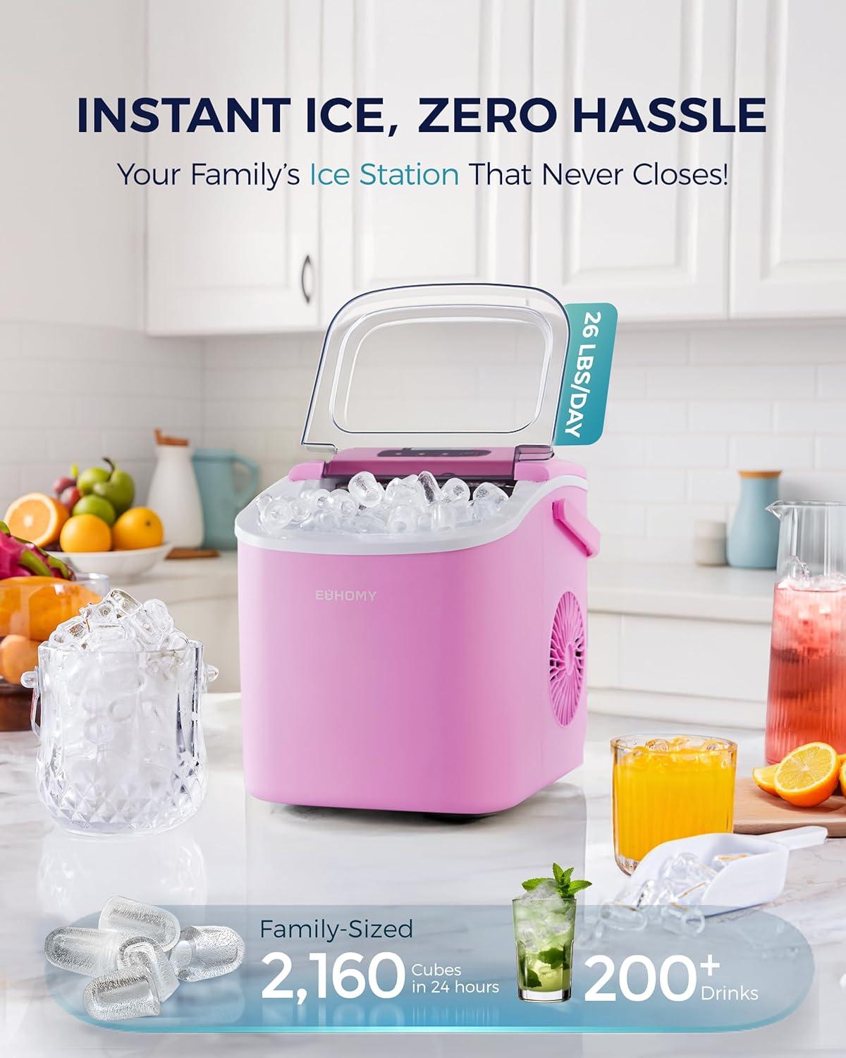 imageEUHOMY Countertop Ice Maker Machine with Handle 26lbs in 24Hrs 9 Ice Cubes Ready in 6 Mins AutoCleaning Portable Ice Maker with Basket and Scoop for HomeKitchenCampingRV PinkPink