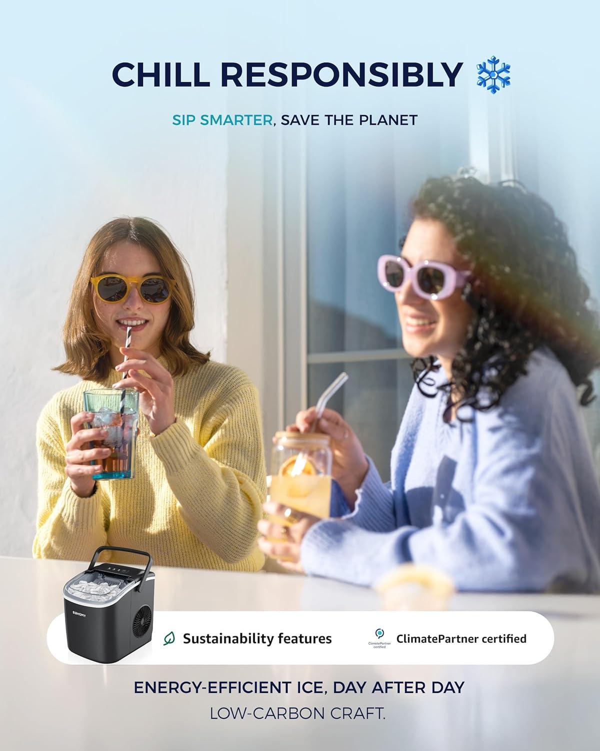 imageEUHOMY Countertop Ice Maker Machine with Handle 26lbs in 24Hrs 9 Ice Cubes Ready in 6 Mins AutoCleaning Portable Ice Maker with Basket and Scoop for HomeKitchenCampingRV PinkBlack