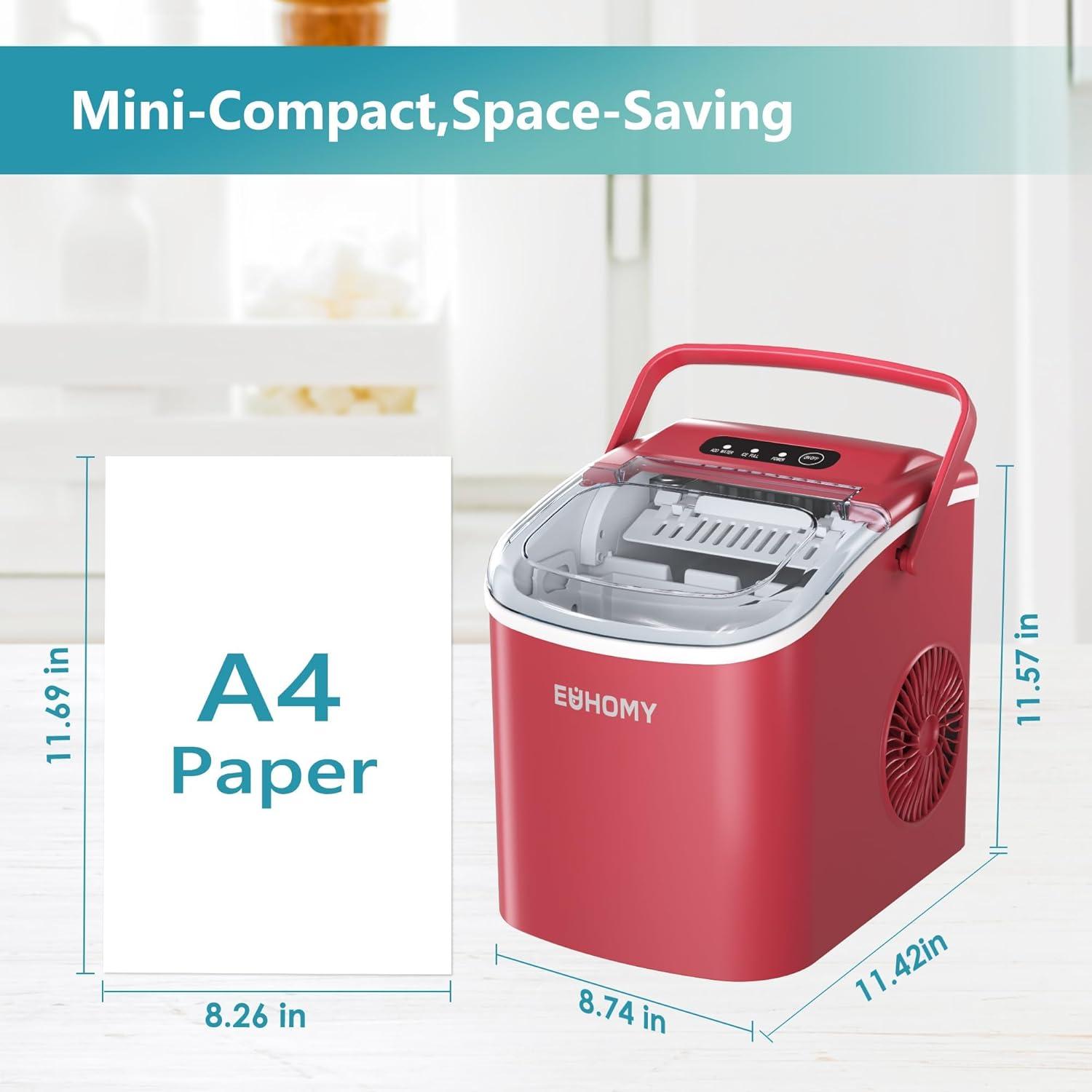 imageEUHOMY Countertop Ice Maker Machine with Handle 26lbs in 24Hrs 9 Ice Cubes Ready in 6 Mins AutoCleaning Portable Ice Maker with Basket and Scoop for HomeKitchenCampingRV PinkRed