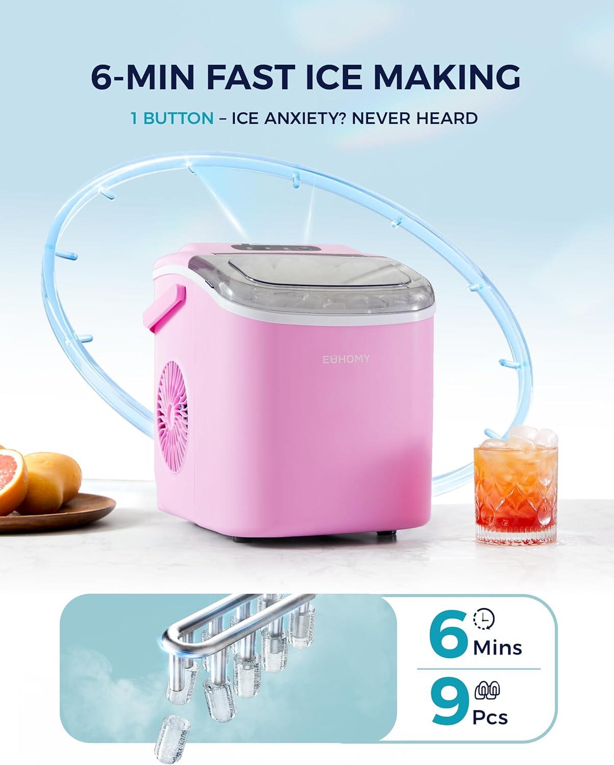 imageEUHOMY Countertop Ice Maker Machine with Handle 26lbs in 24Hrs 9 Ice Cubes Ready in 6 Mins AutoCleaning Portable Ice Maker with Basket and Scoop for HomeKitchenCampingRV PinkPink