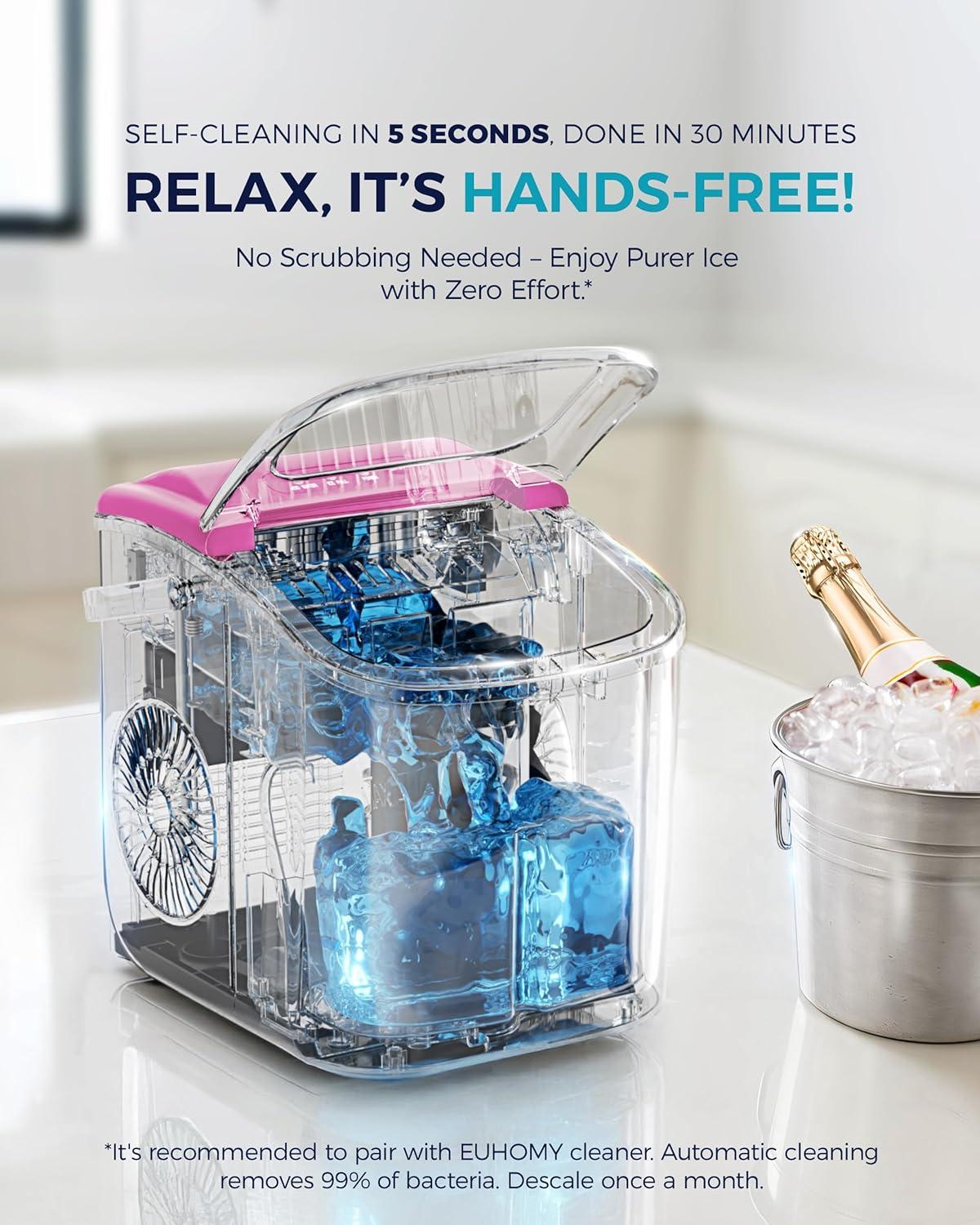 imageEUHOMY Countertop Ice Maker Machine with Handle 26lbs in 24Hrs 9 Ice Cubes Ready in 6 Mins AutoCleaning Portable Ice Maker with Basket and Scoop for HomeKitchenCampingRV PinkPink