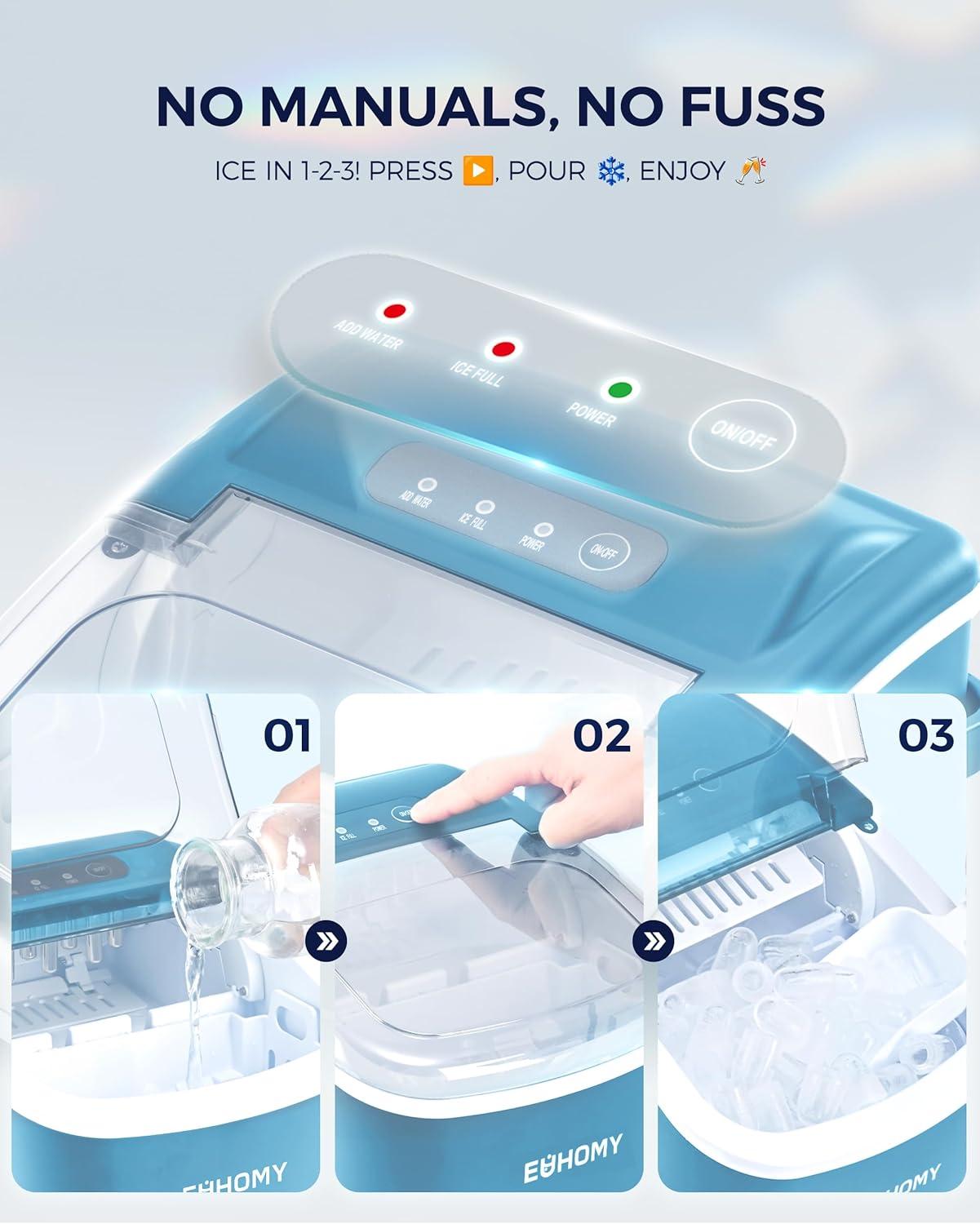 imageEUHOMY Countertop Ice Maker Machine with Handle 26lbs in 24Hrs 9 Ice Cubes Ready in 6 Mins AutoCleaning Portable Ice Maker with Basket and Scoop for HomeKitchenCampingRV PinkBlue