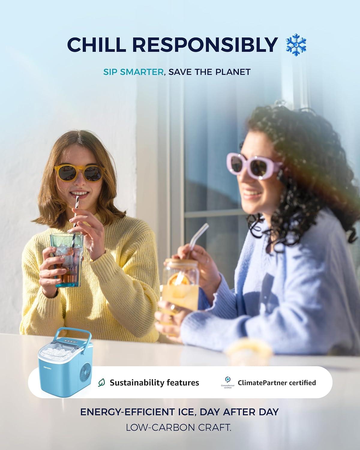 imageEUHOMY Countertop Ice Maker Machine with Handle 26lbs in 24Hrs 9 Ice Cubes Ready in 6 Mins AutoCleaning Portable Ice Maker with Basket and Scoop for HomeKitchenCampingRV PinkBlue