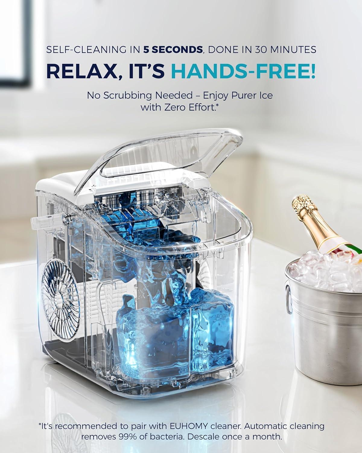 imageEUHOMY Countertop Ice Maker Machine with Handle 26lbs in 24Hrs 9 Ice Cubes Ready in 6 Mins AutoCleaning Portable Ice Maker with Basket and Scoop for HomeKitchenCampingRV PinkWhite