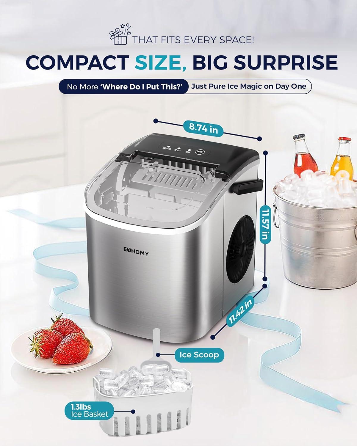 imageEUHOMY Countertop Ice Maker Machine with Handle 26lbs in 24Hrs 9 Ice Cubes Ready in 6 Mins AutoCleaning Portable Ice Maker with Basket and Scoop for HomeKitchenCampingRV PinkLight Grey