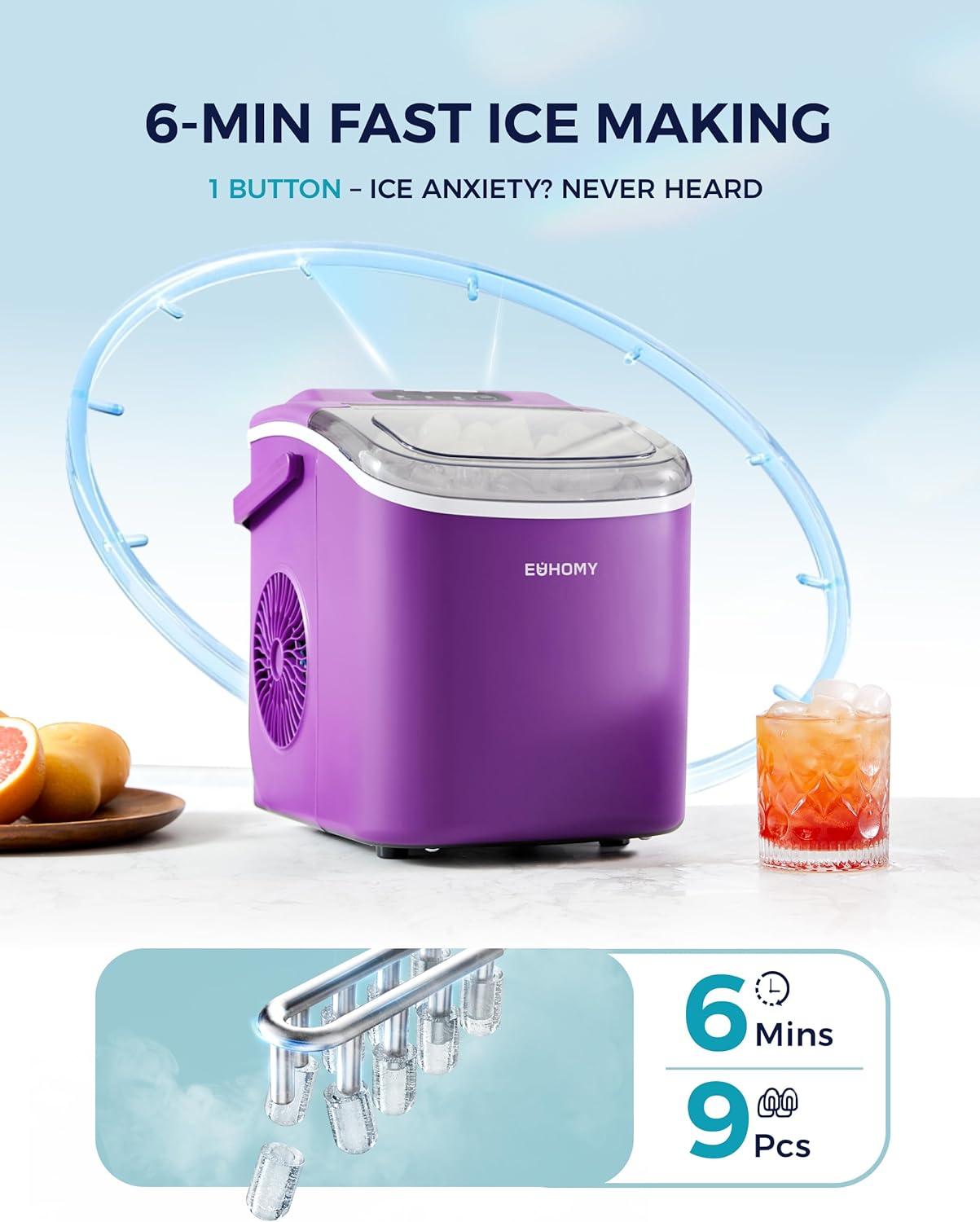 imageEUHOMY Countertop Ice Maker Machine with Handle 26lbs in 24Hrs 9 Ice Cubes Ready in 6 Mins AutoCleaning Portable Ice Maker with Basket and Scoop for HomeKitchenCampingRV PinkPurple
