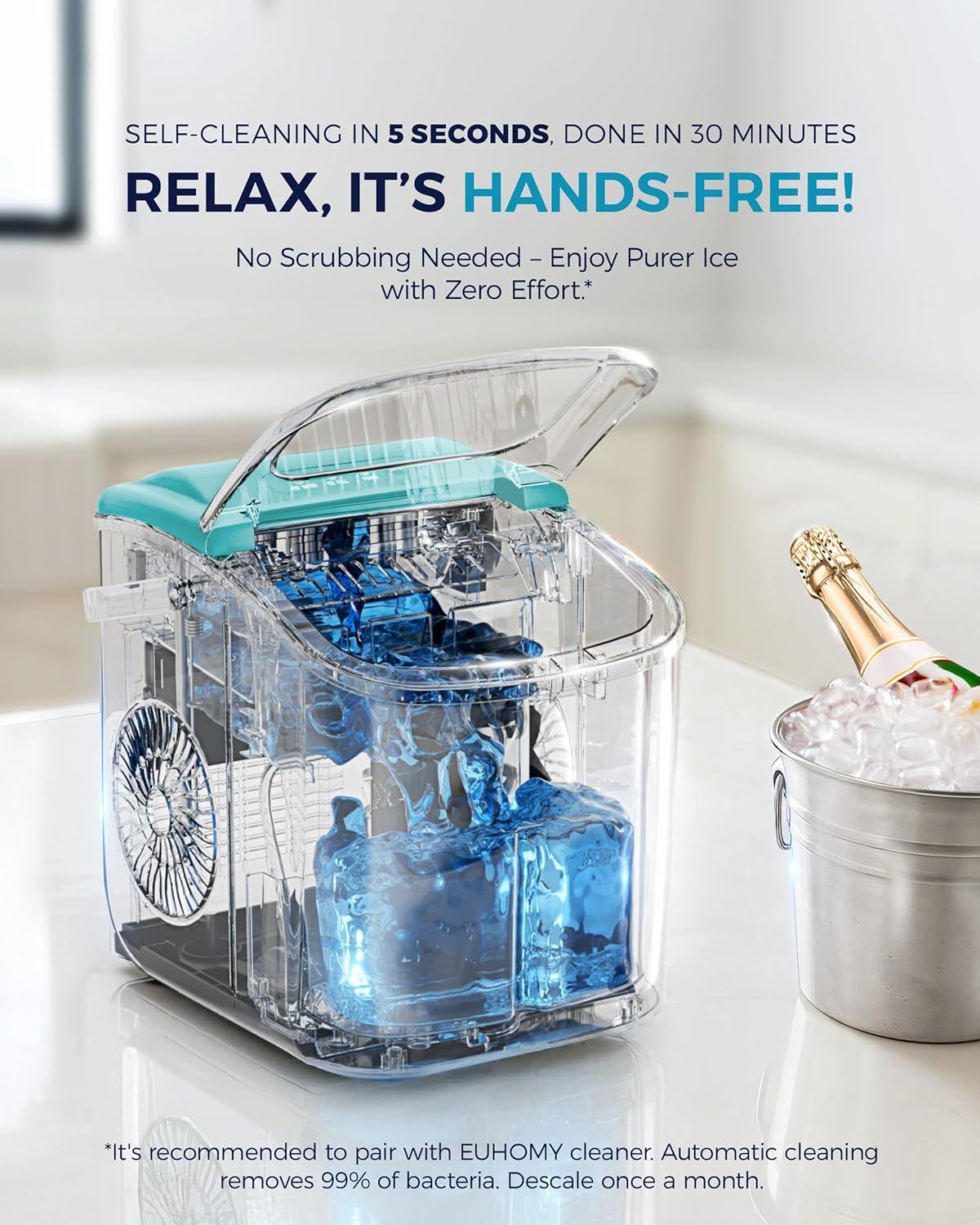 imageEUHOMY Countertop Ice Maker Machine with Handle 26lbs in 24Hrs 9 Ice Cubes Ready in 6 Mins AutoCleaning Portable Ice Maker with Basket and Scoop for HomeKitchenCampingRV PinkGreen