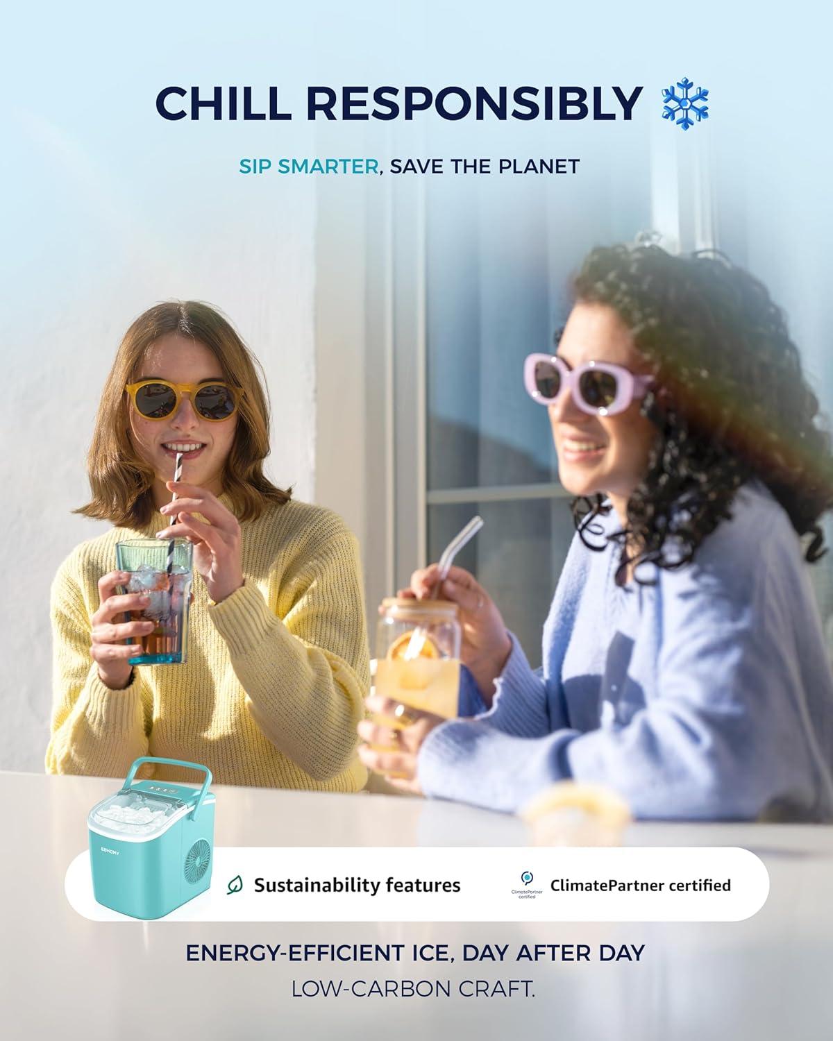 imageEUHOMY Countertop Ice Maker Machine with Handle 26lbs in 24Hrs 9 Ice Cubes Ready in 6 Mins AutoCleaning Portable Ice Maker with Basket and Scoop for HomeKitchenCampingRV PinkGreen