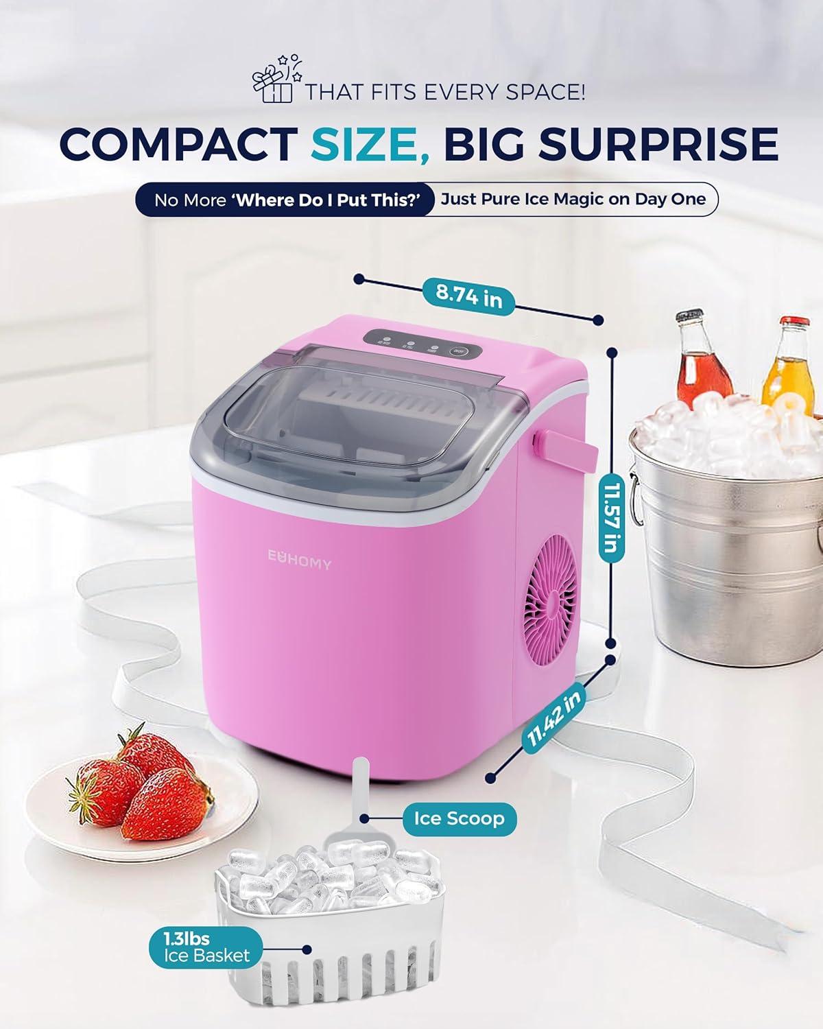 imageEUHOMY Countertop Ice Maker Machine with Handle 26lbs in 24Hrs 9 Ice Cubes Ready in 6 Mins AutoCleaning Portable Ice Maker with Basket and Scoop for HomeKitchenCampingRV PinkPink