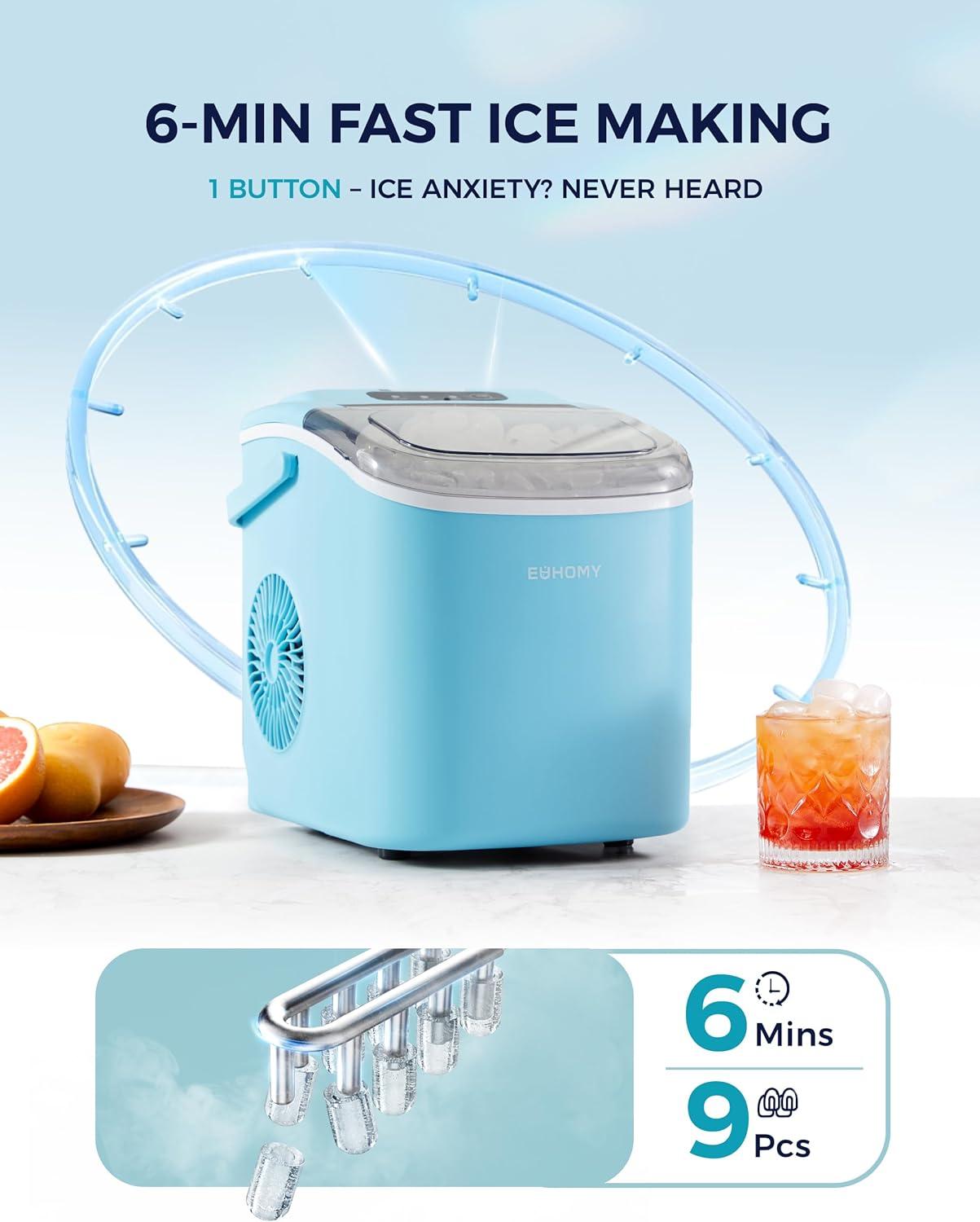 imageEUHOMY Countertop Ice Maker Machine with Handle 26lbs in 24Hrs 9 Ice Cubes Ready in 6 Mins AutoCleaning Portable Ice Maker with Basket and Scoop for HomeKitchenCampingRV PinkBlue