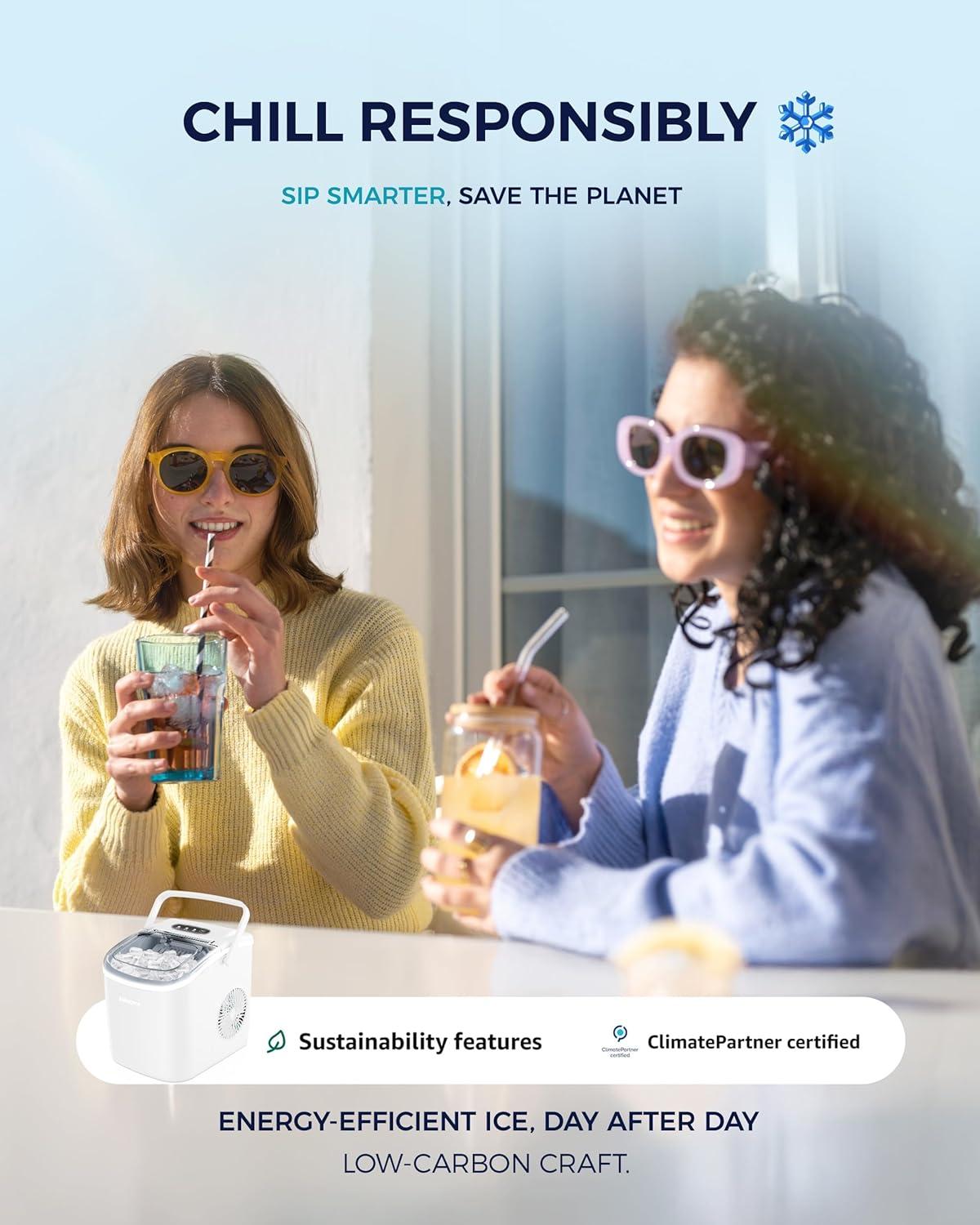 imageEUHOMY Countertop Ice Maker Machine with Handle 26lbs in 24Hrs 9 Ice Cubes Ready in 6 Mins AutoCleaning Portable Ice Maker with Basket and Scoop for HomeKitchenCampingRV PinkWhite