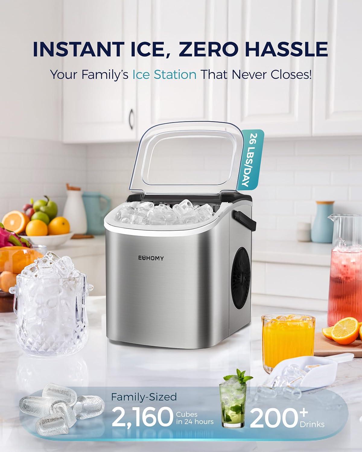 imageEUHOMY Countertop Ice Maker Machine with Handle 26lbs in 24Hrs 9 Ice Cubes Ready in 6 Mins AutoCleaning Portable Ice Maker with Basket and Scoop for HomeKitchenCampingRV PinkLight Grey