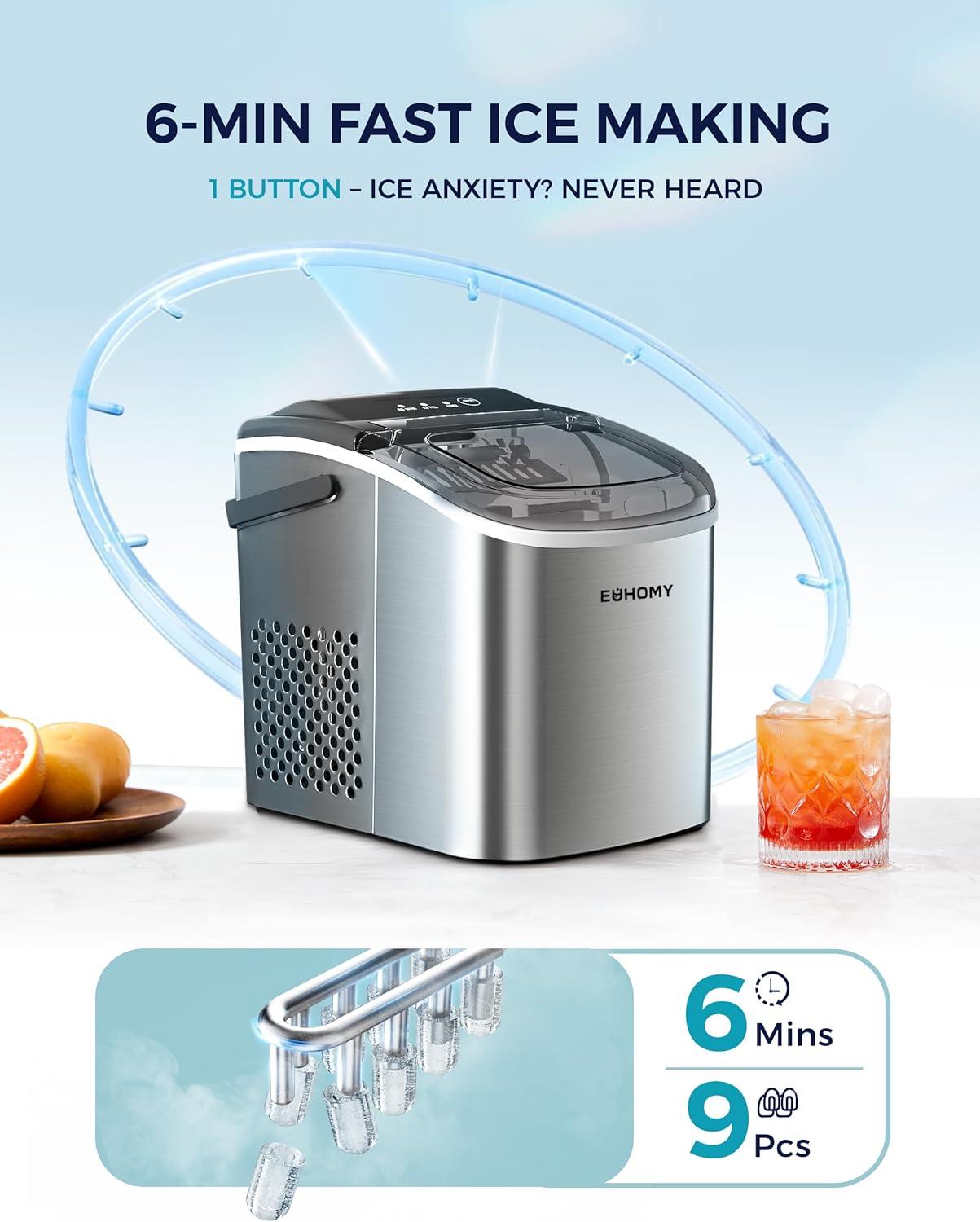 imageEUHOMY Countertop Ice Maker Machine with Handle 26lbs in 24Hrs 9 Ice Cubes Ready in 6 Mins AutoCleaning Portable Ice Maker with Basket and Scoop for HomeKitchenCampingRV PinkLight Grey
