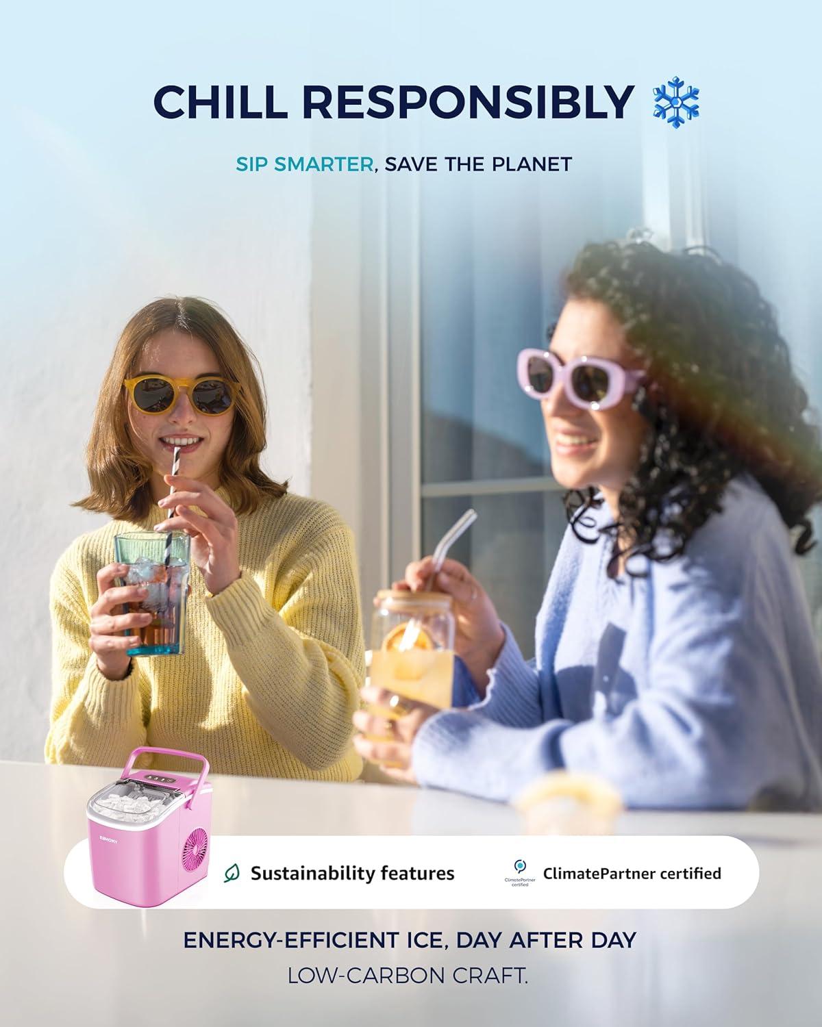 imageEUHOMY Countertop Ice Maker Machine with Handle 26lbs in 24Hrs 9 Ice Cubes Ready in 6 Mins AutoCleaning Portable Ice Maker with Basket and Scoop for HomeKitchenCampingRV PinkPink