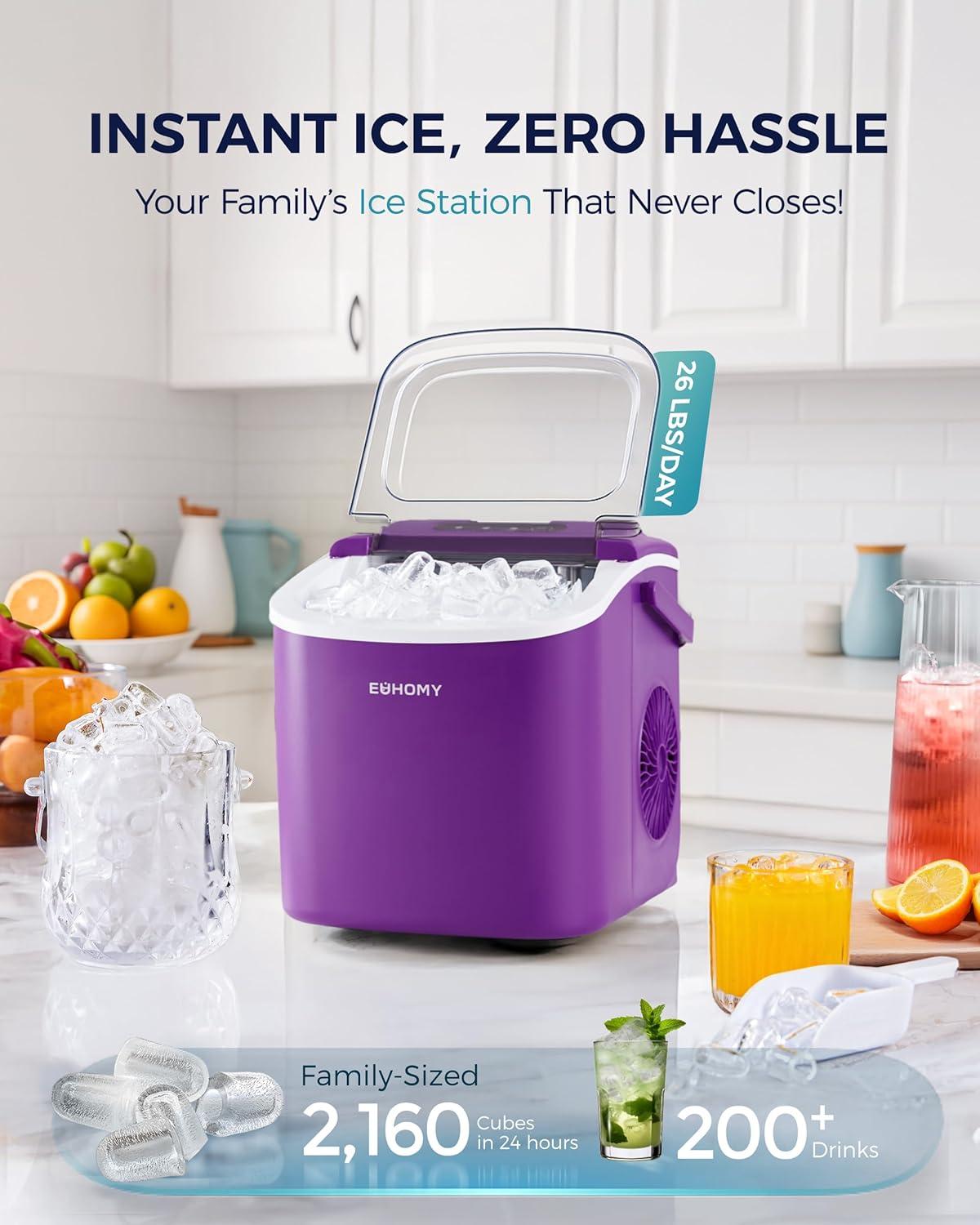 imageEUHOMY Countertop Ice Maker Machine with Handle 26lbs in 24Hrs 9 Ice Cubes Ready in 6 Mins AutoCleaning Portable Ice Maker with Basket and Scoop for HomeKitchenCampingRV PinkPurple